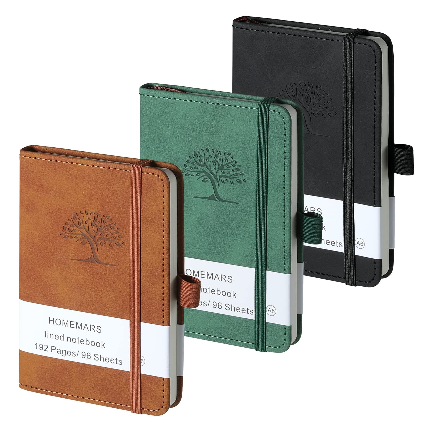 HOMEMARS Pocket Notebook, Small Notebook, 3 Pack, Pocket Notepad,14.4 cm x 9.6cm, A6 Notebook, Small Notepad, Brown, Green, Black, 192 Pages Each, Hardcover, Embossing Tree Design, Lined Paper