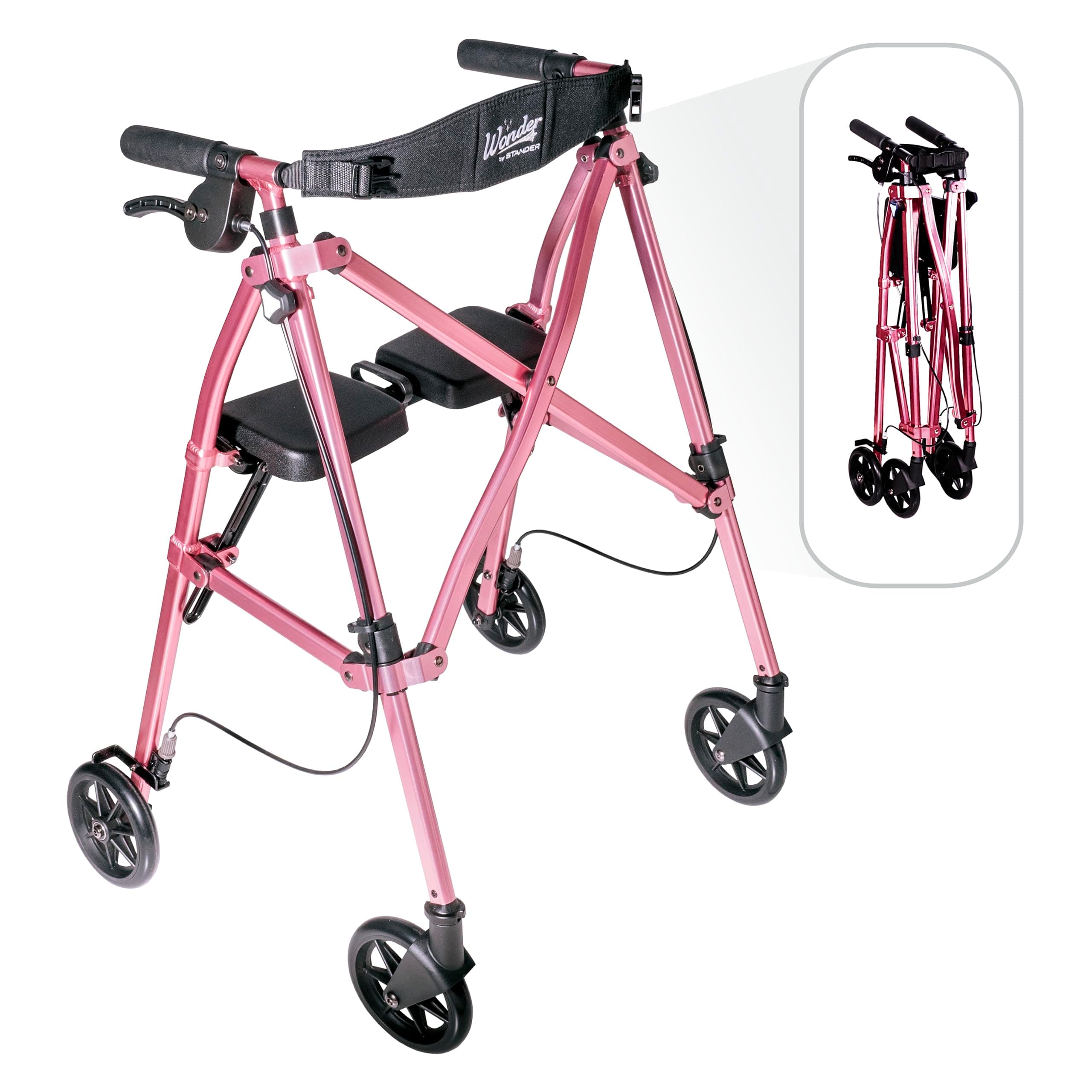 Stander Space Saver Rollator, Lightweight Folding Rolling Walker with Seat for Seniors & Adults, 4-Wheel Mobility Aid with 6-inch Wheels, Locking Brakes & Padded Seat with Backrest, Regal Rose
