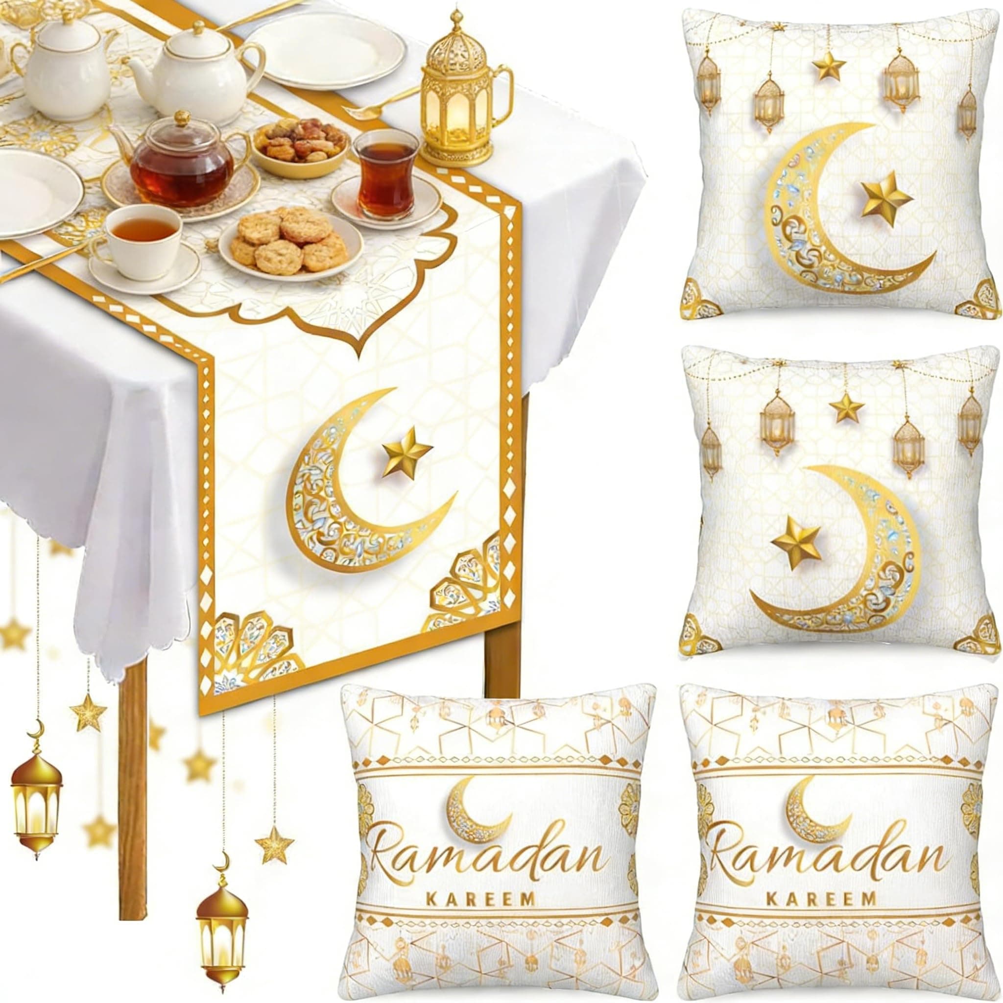 Yoawllty Ramadan Decorations, 5pcs RamadanTable Decorations with Ramadan Table Runner and 4 Pcs Decorative Pillow Covers(White)
