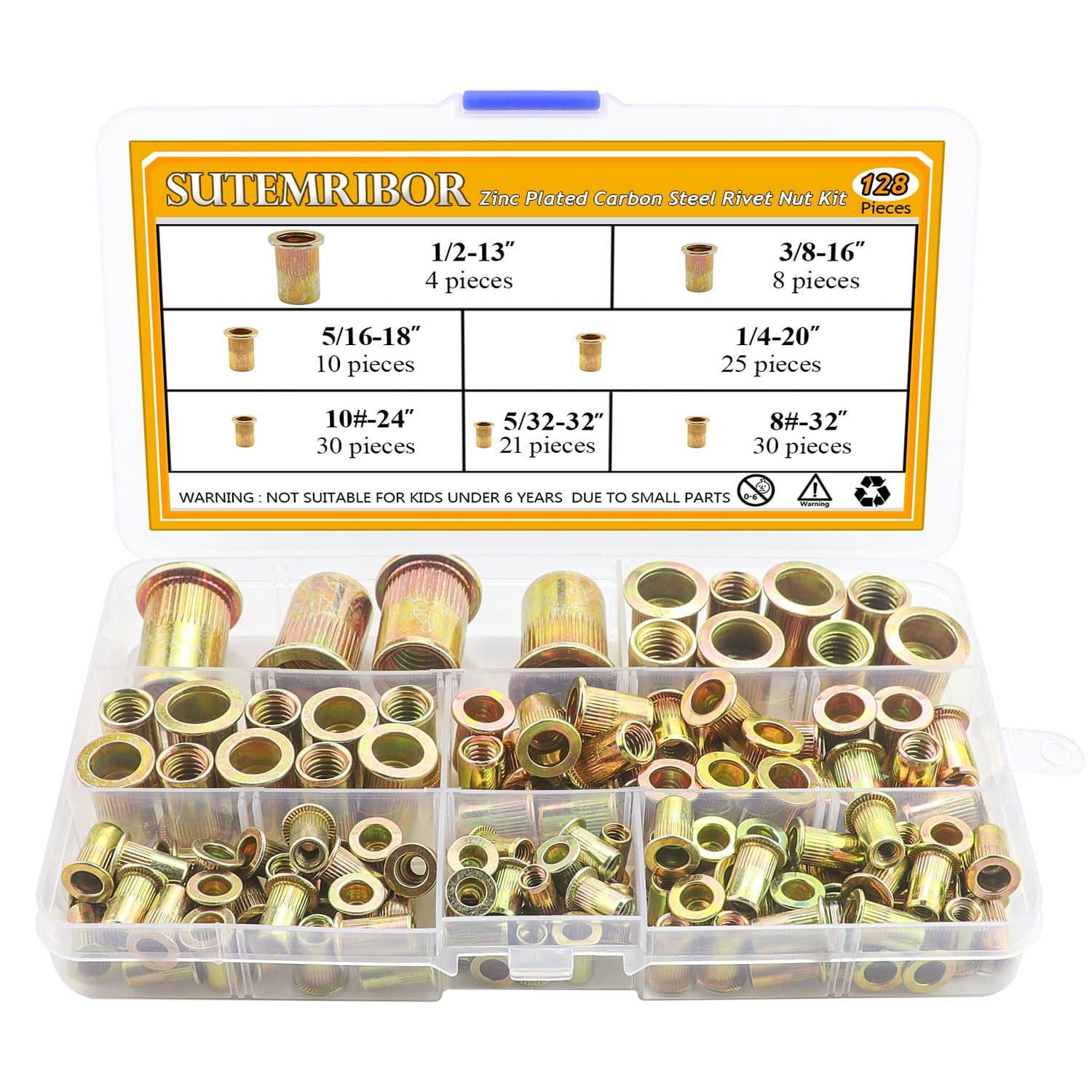 Sutemribor 128-Pack #8-32UNC #10-24UNC 5/32"-32UNC 1/4"-20UNC 5/16"-18UNC 3/8"-16 UNC Zinc Plated Carbon Steel Rivet Nut Flat Head Insert Nuts Assortment