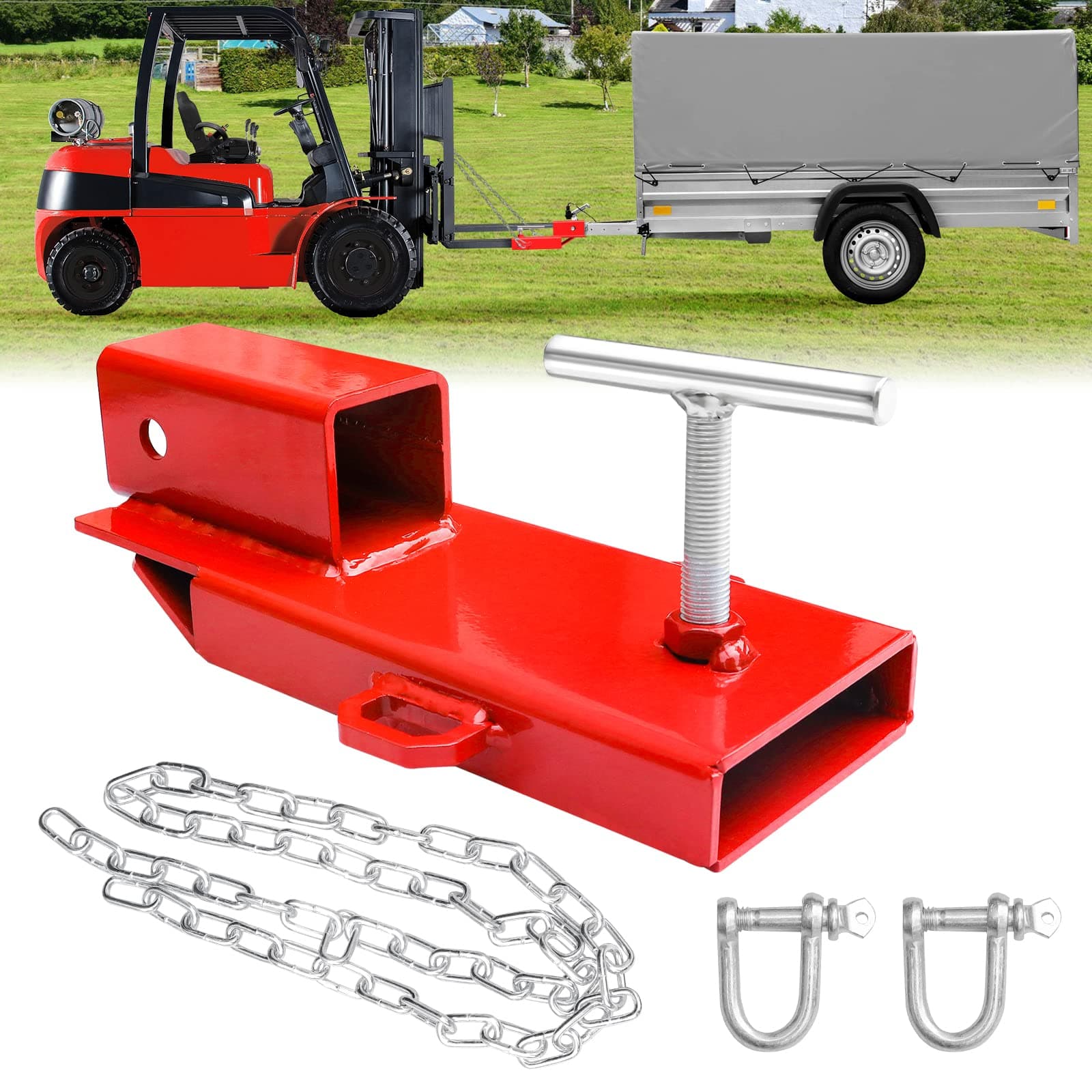 Forklift Trailer Hitch Attachment, EBESTTECH 1PC 2" Receiver Trailer Towing Adapter with Chain Red