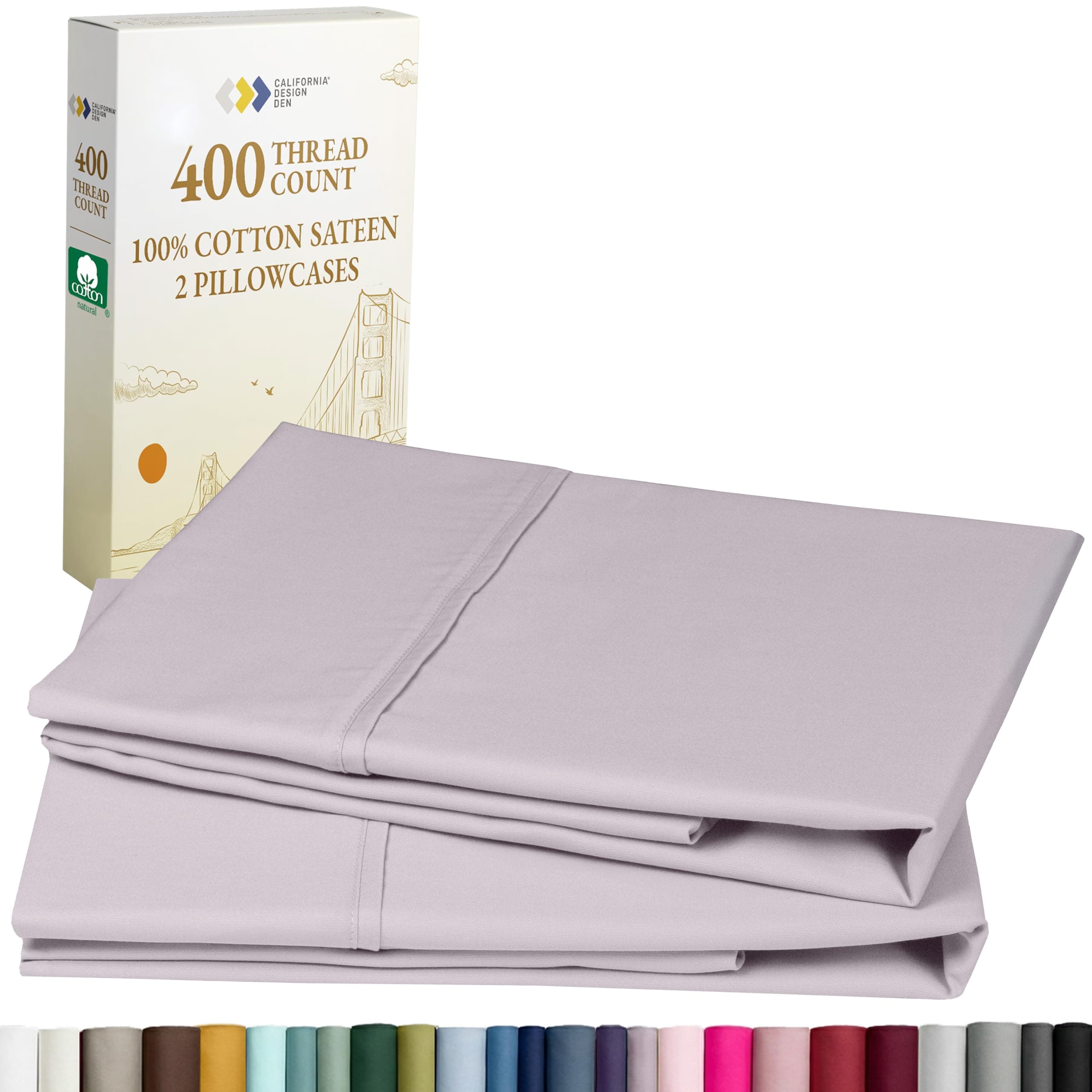 400 Thread Count 100% Cotton Pillow Cases, Lavender Grey Standard Pillowcase Set of 2, Long - Staple Combed Pure Natural Cotton Pillows for Sleeping, Soft & Silky Sateen Weave Bed Pillow Covers