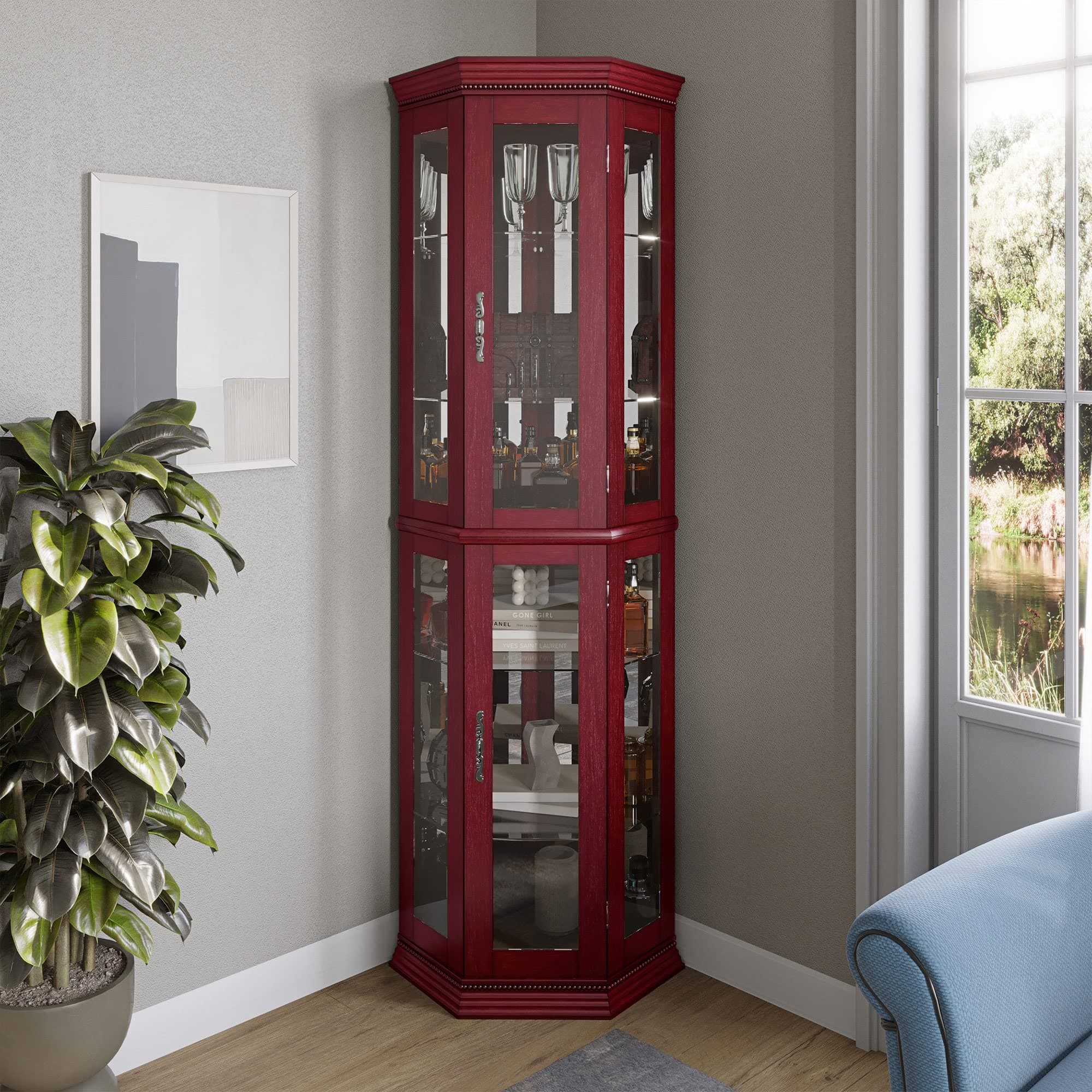 Lighted Wooden Corner Display Curio Cabinet, Two Section Shelving Unit with Tempered Glass Door, Bar and Liquor Storage Area with 6 Shelves - Lorona (Cherry)