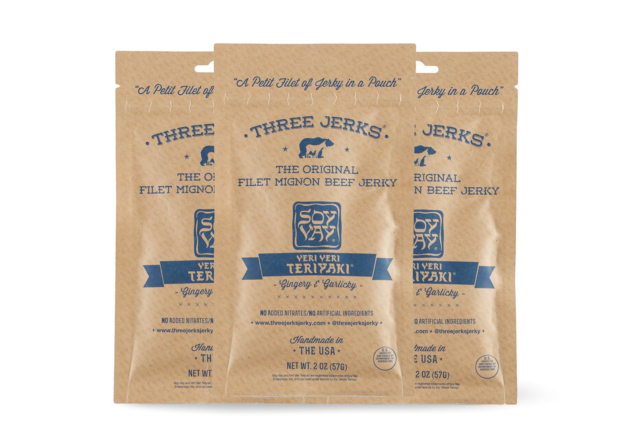 Three Jerks High Protein Filet Mignon Beef Jerky, Soy Vay Veri Veri Teriyaki, 2 Oz, (Pack Of 3)