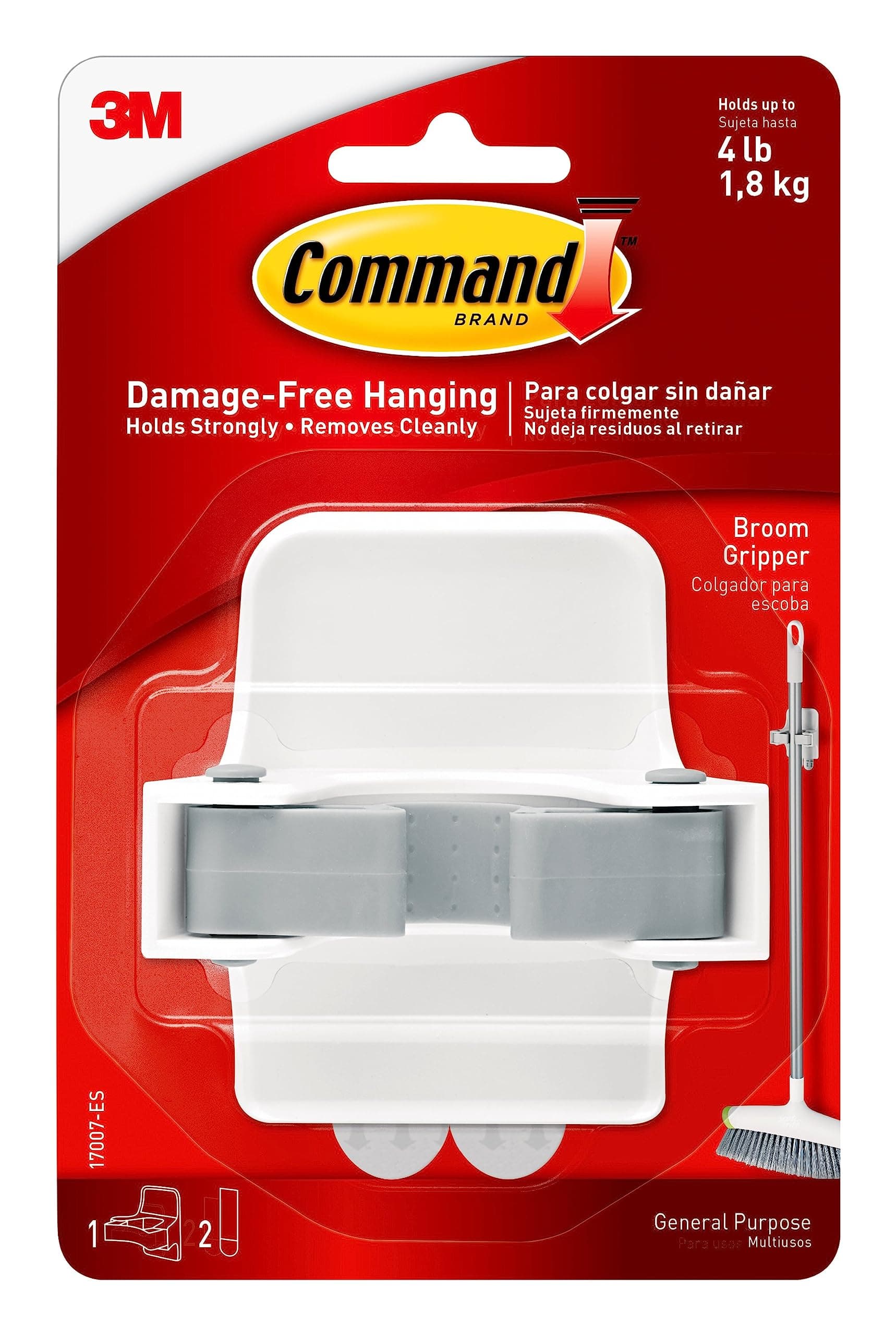 Command Broom Gripper White and grey color, 1 hook + 2 strips/pack | Holds 1.8 kg each hook | Organize | Decoration | No Tools | Holds Strongly | Damage-Free Hanging