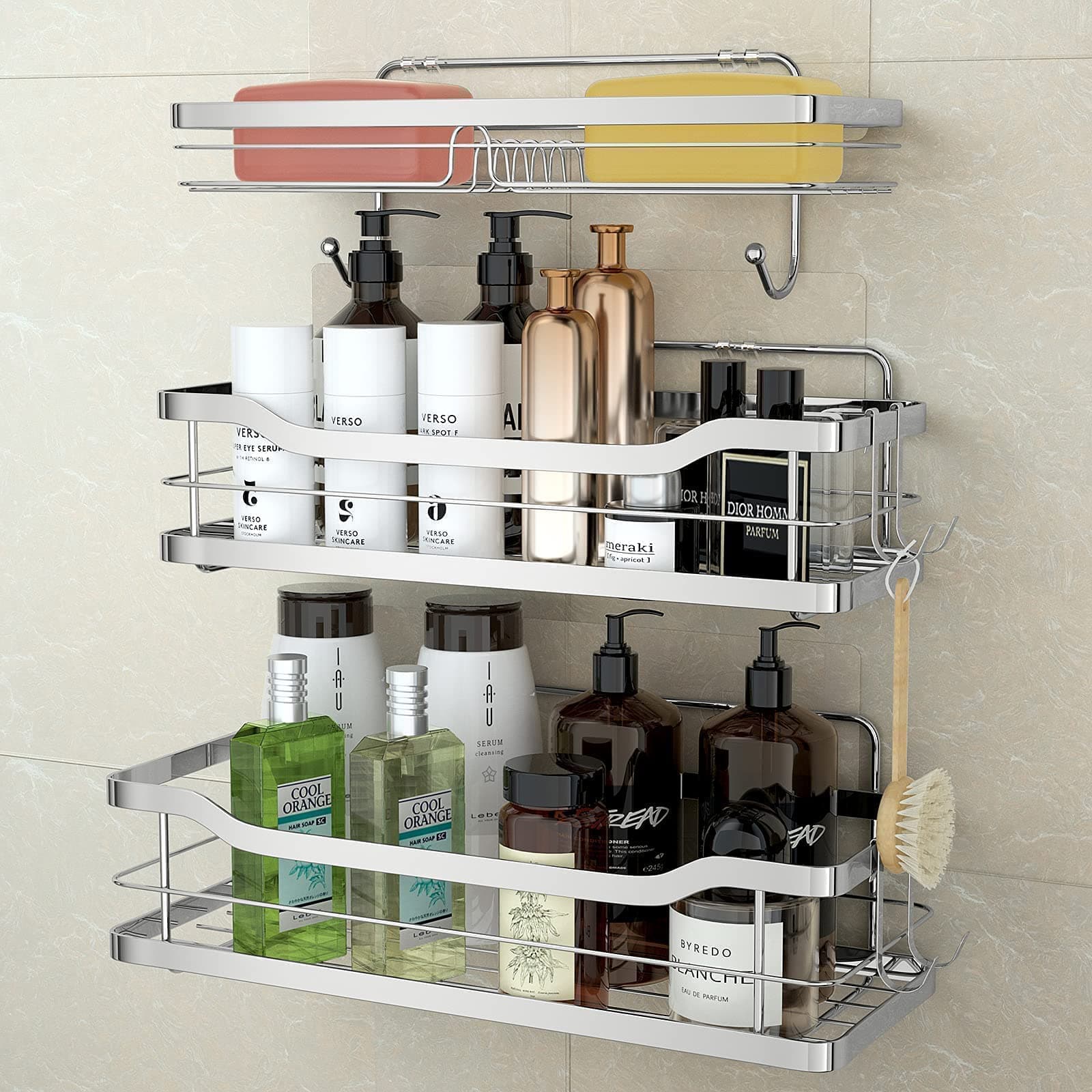 stusgo Caddy Wall Mount Bathroom, Adhesive Storage Shelves for Inside Shower with Double Soap Dish Holder with 4 Hooks, No Drilling, SUS304 Stainless Steel, 3 Pack