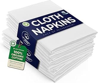 LivinEase 12-Pack White Cotton Cloth Napkins - 100% Organic, Heavy Weight, Reusable, 46 x 46 cm