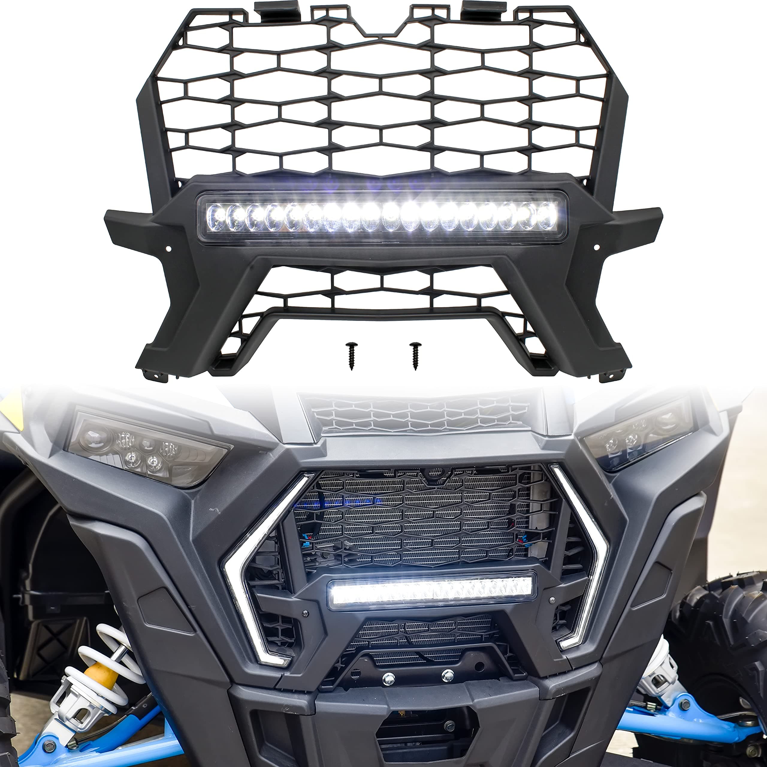 SAUTVSFront Mesh Grill with Light for RZR XP, Waterproof Black Mesh Grille with LED Light Bar for Polaris RZR XP 1000 XP4 Turbo 2019 2020 2021 2022 2023 Accessories (Compatible with Fang Lights)