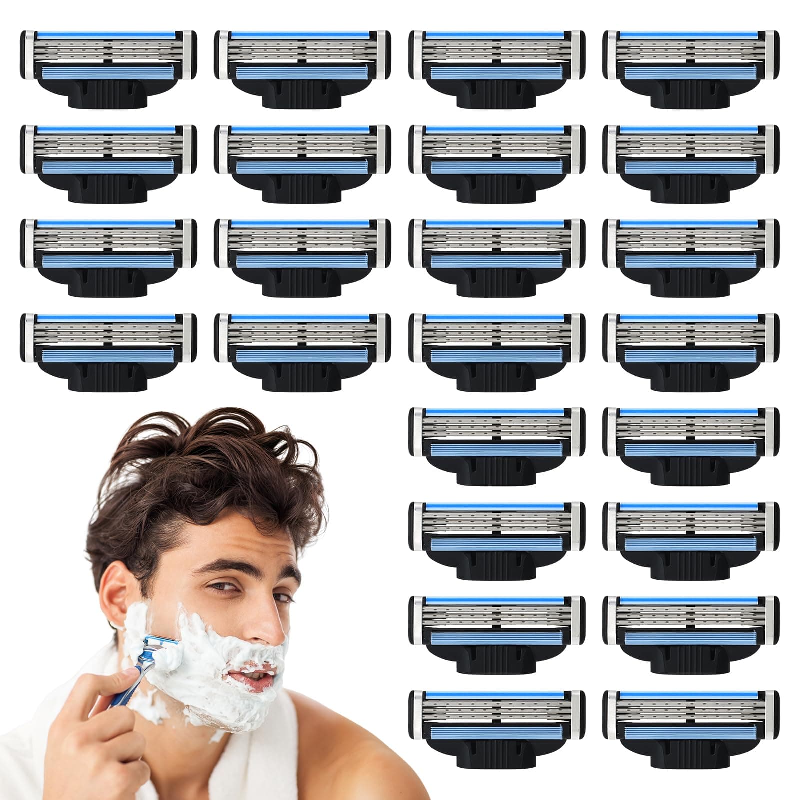 24Pcs Razor Blades Replacement, Washable Men Razor Blades, 3-Layer Razor Blade, Professional Barber Beard Blades Compatible with Gillette Mach 3 Shavers, Manual Razor Blades for Father Boyfriend