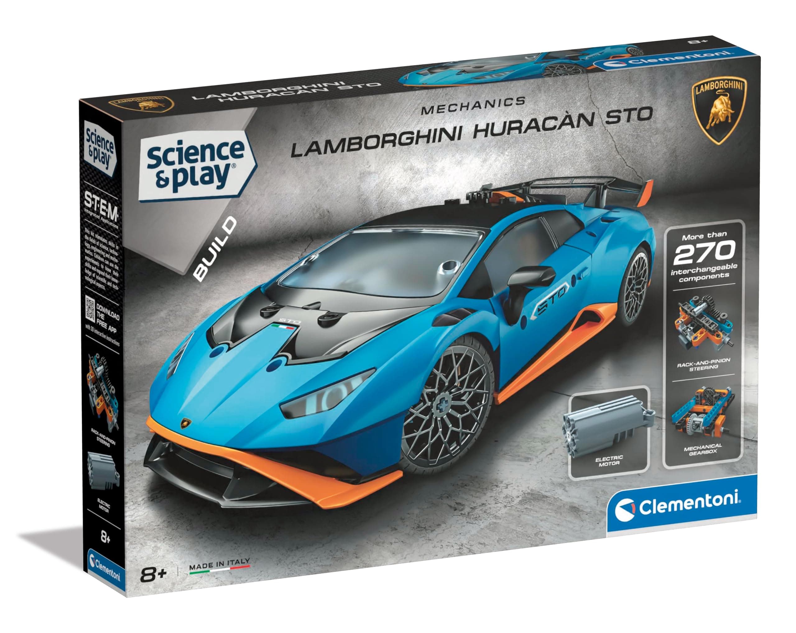 Clementoni- Lamborghini Building Set: Realistic Model Car, Steerable Wheels, Fun Motor-Driven Play, STEM Toy(8 Years and Up)