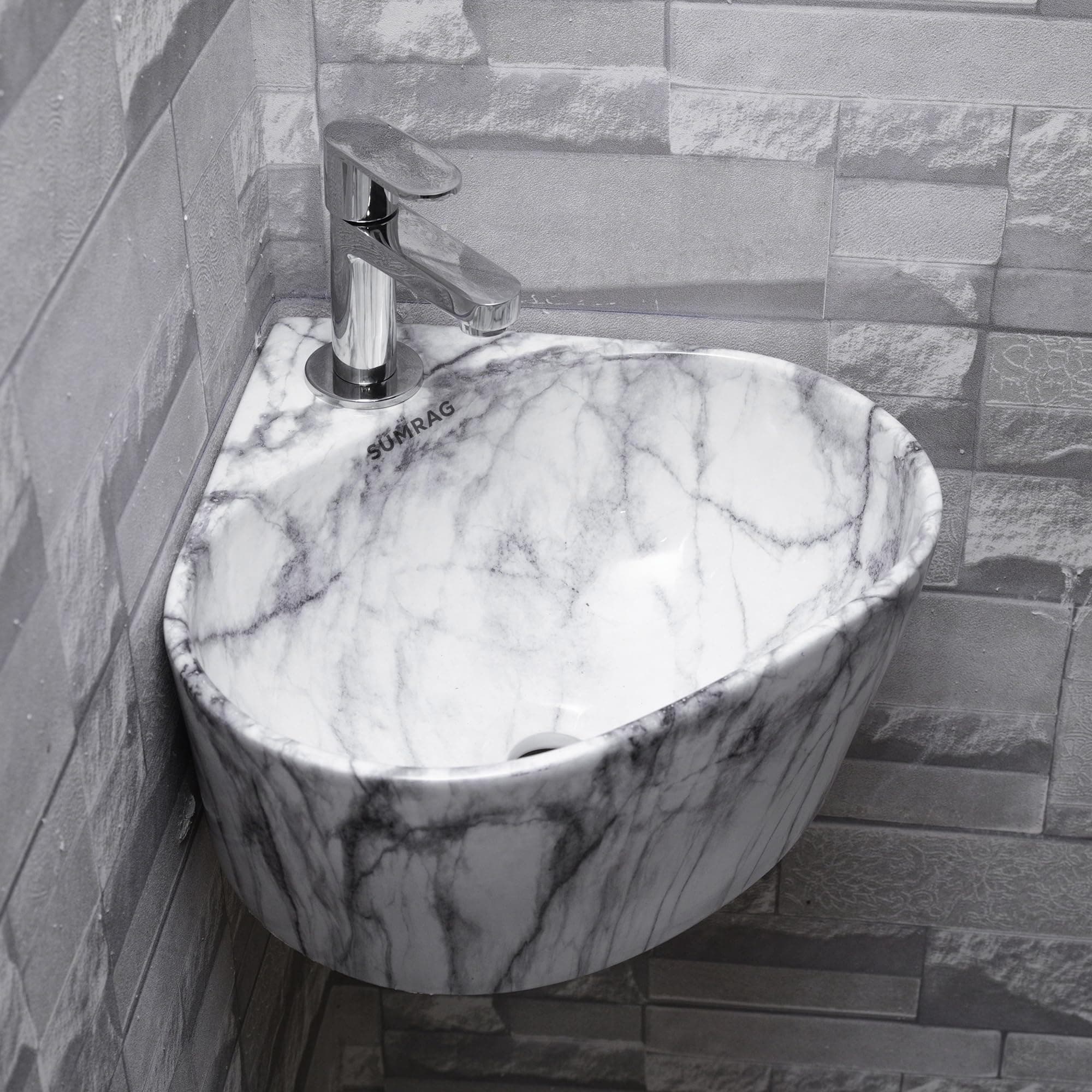 Ceramic Corner Small Wall Mounted Corner Basin for Bathroom & Living Room (14.17 X 13.38 X 6.10 In), Glossy, White