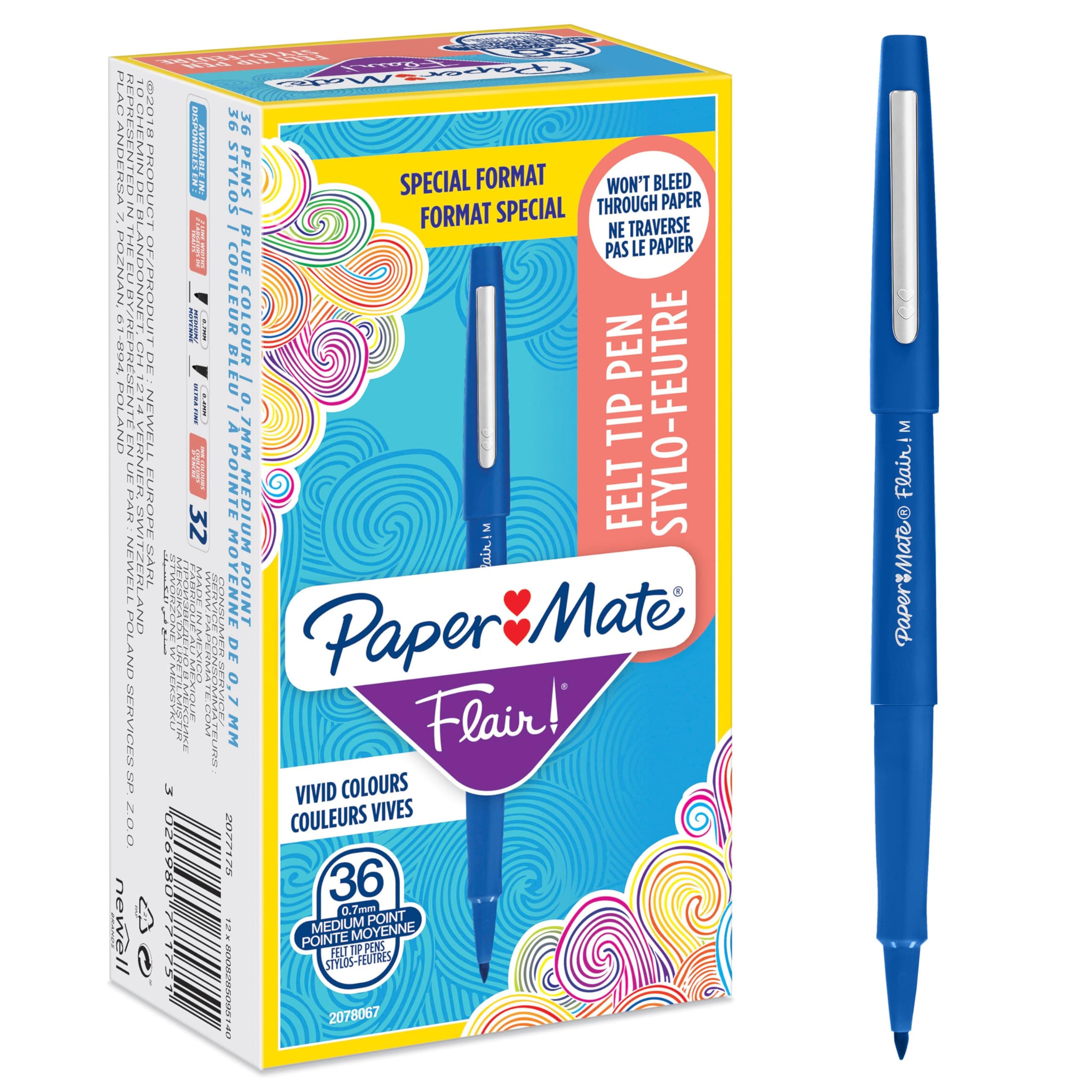 Paper Mate Flair Felt Tip Pens | Medium Point (0.7 mm) Writing Pens | Blue Pens | For Writing, Drawing & Sketching | 36 Count