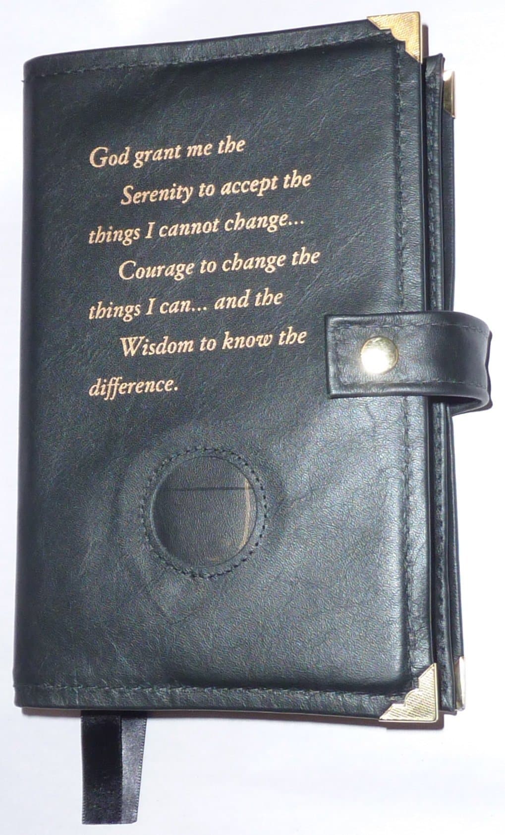 Black Leather Double AA Alcoholics Anonymous Big Book & 12 Steps and 12 Traditions Book Cover Serenity Prayer and Medallion Holder