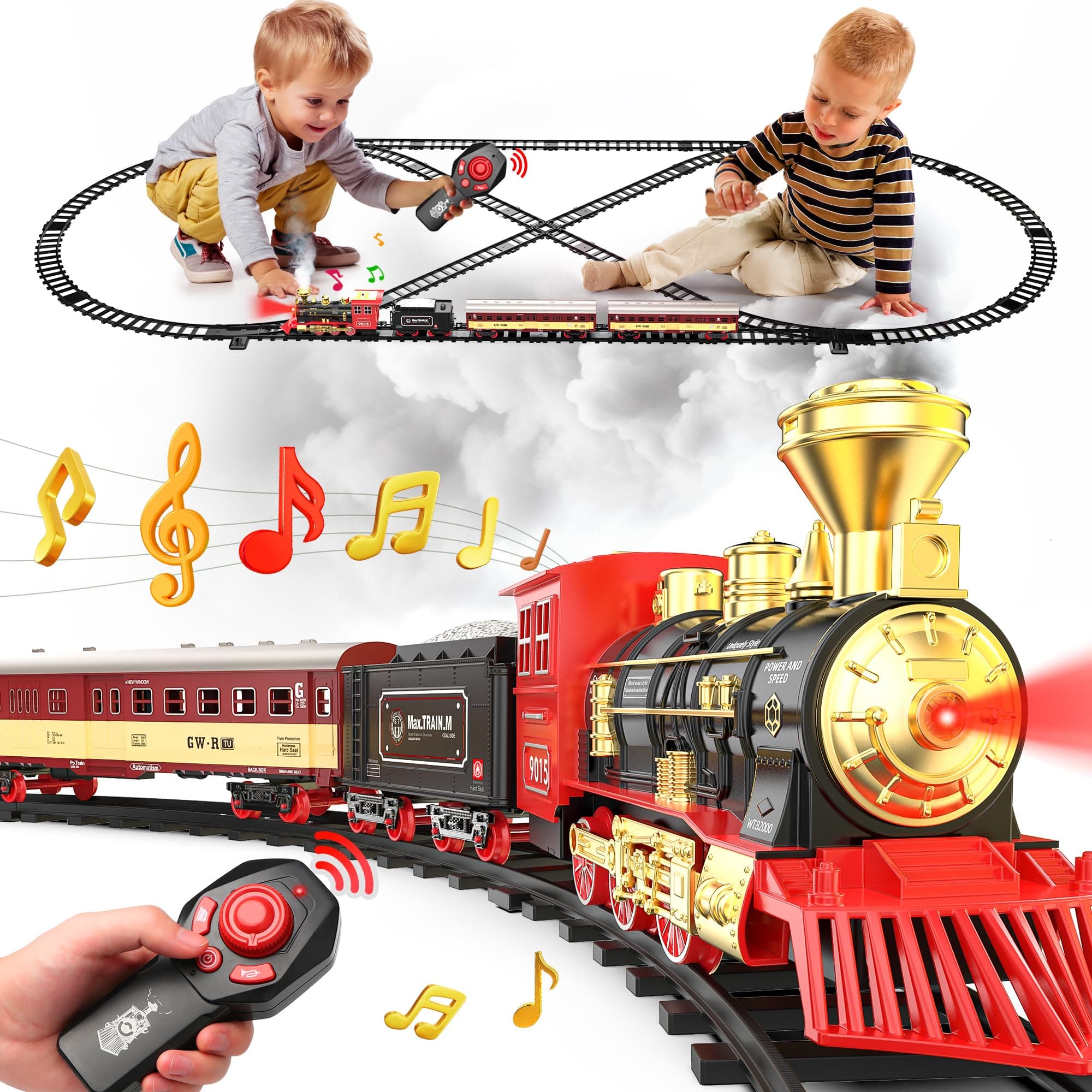 Hot Bee Christmas Train Set,Train Set for Toddlers 2-4,Train Toy with Remote Control,Christmas Train Sets for Around The Tree,Steam Locomotive,Lights,Sounds,Spray,Perfect Train Set for Kids Ages 4-8