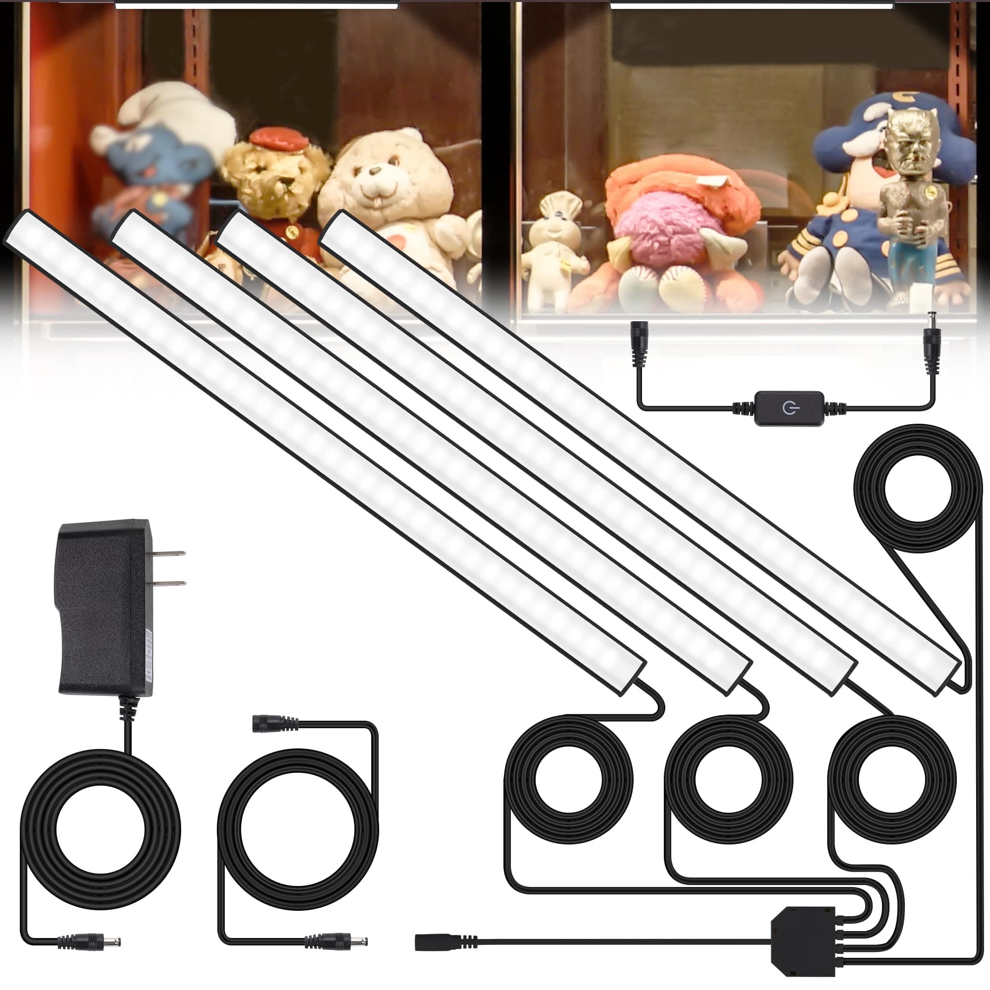 JUSJUBR Display Cabinet Lights, LED Shelf Lighting with Memory Function, 4x12 Inch Black Display Case LED Lighting, LED Lights for Display Case, Cold White 6000K, Ultra-Thin, Dimmable