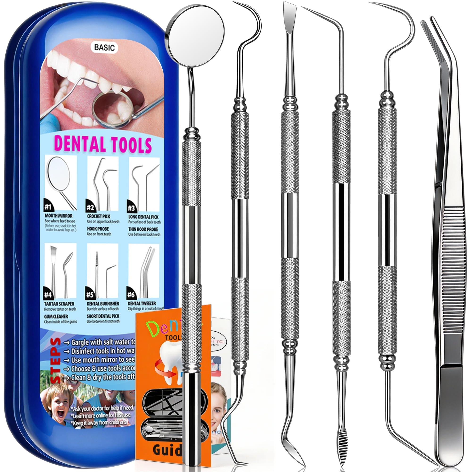 Dental Tools Plaque Remover Teeth Cleaning Tools Kit 6 Pcs Dental Care Kit Stainless Steel Dental Pick Tartar Remover Tool for Home/Travel/Pet Care-Storage Case Included