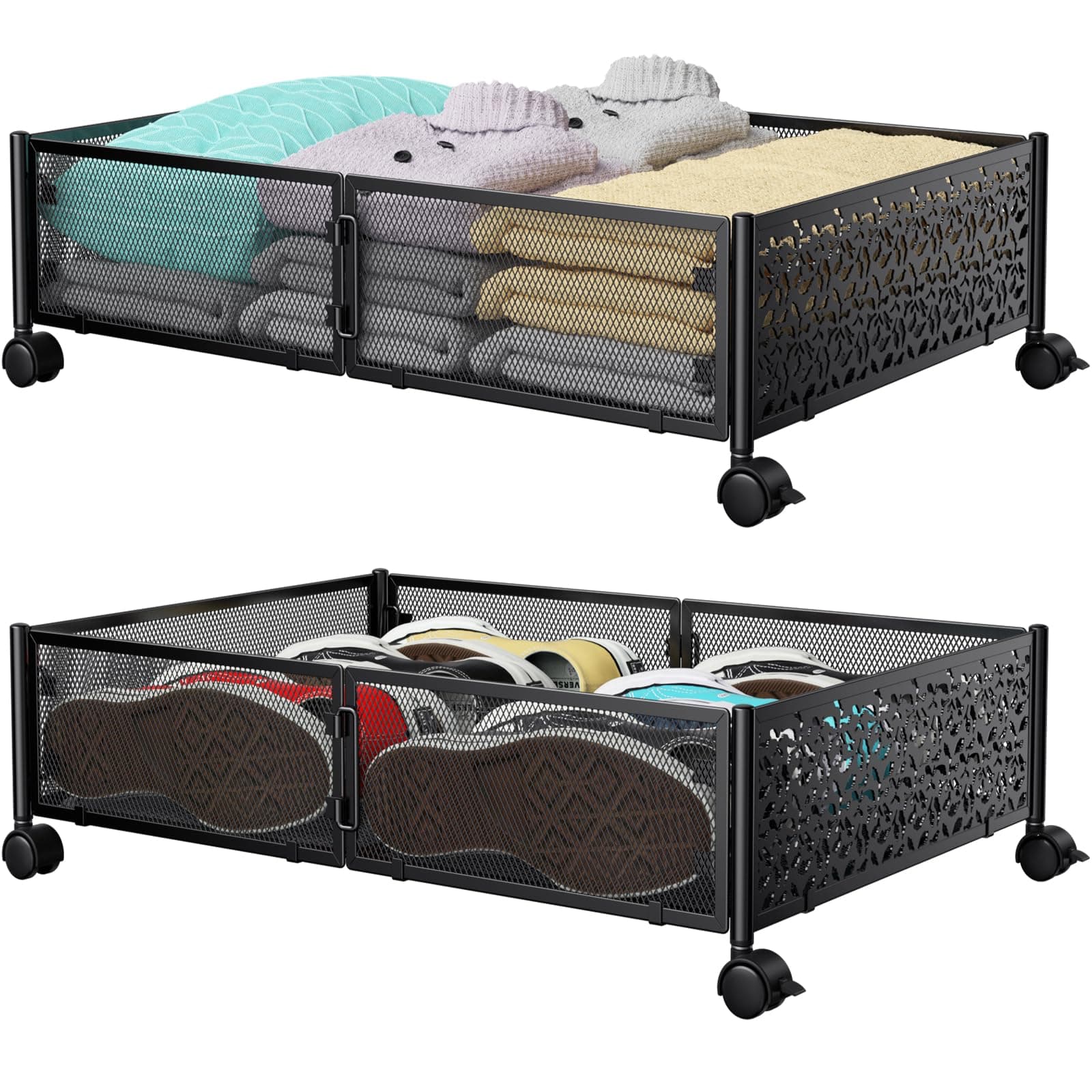 Under Bed Storage Containers with Wheels, Under Bed Shoe Storage Organizer Drawer, Tool-free Assembly Metal Storage Containers for Bedroom Clothes Shoes Blankets -2PCK