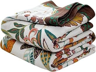 Boho Throw Blanket for Bed 100% Cotton Soft Breathable Quilt Floral Leaves Embroidery Home Decor Reversible Bed Spring Blankets,60"x80" All Season Twin Blankets for Sofa Couch Chair