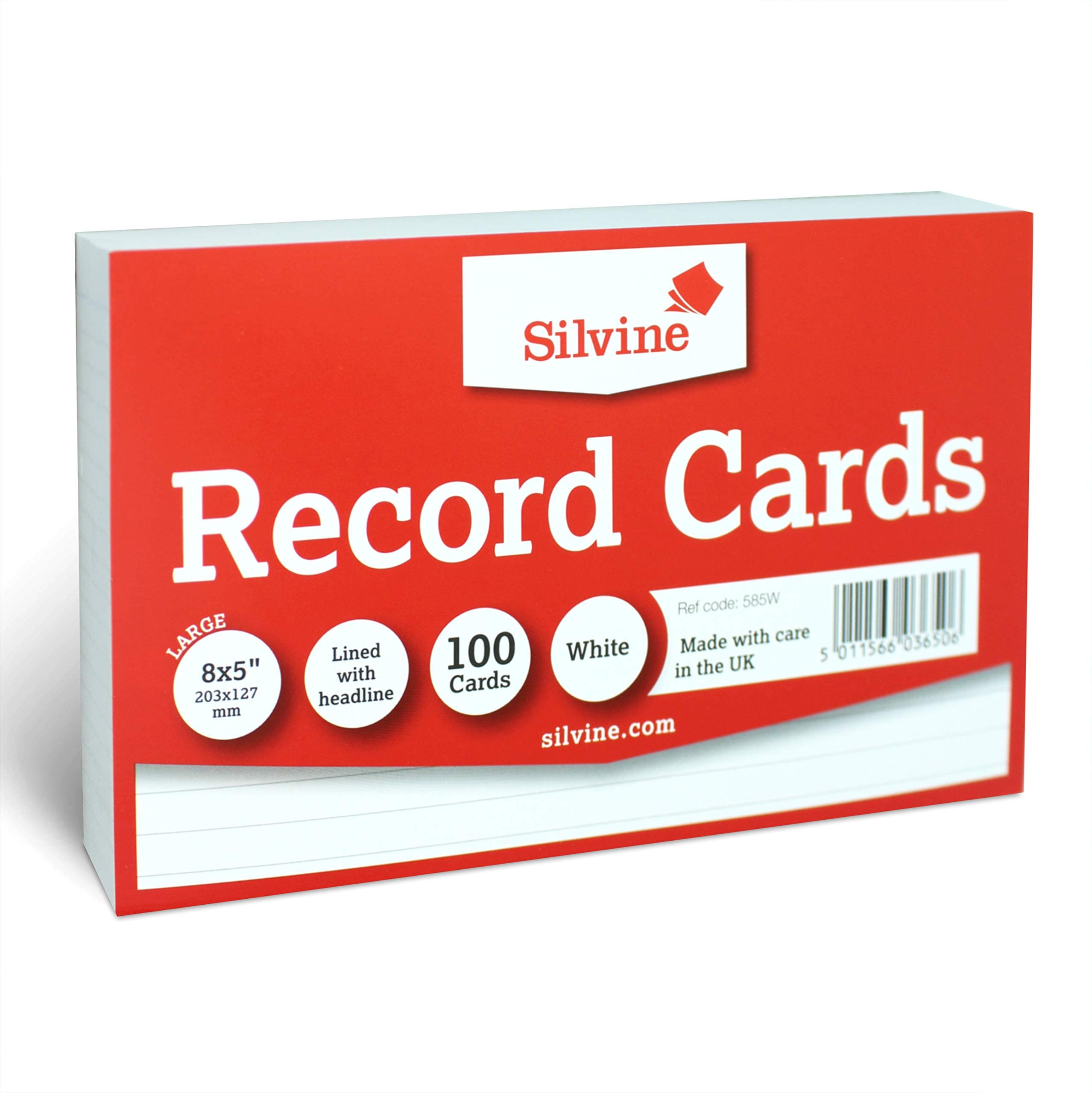 Silvine 8x5 White Flash Cards - Lined with Headline (100 Record Cards) for Study, Presentations and Notes