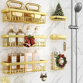 Veken Adhesive Shower Caddy 6-Pack,Gifts for Women Mom,Heavy Weight Bearing,Large Wall Mounted Bathroom Shelves Rack,Organizer Storage Accessories with Soap Dish&Toothbrush Holder,Bright Gold