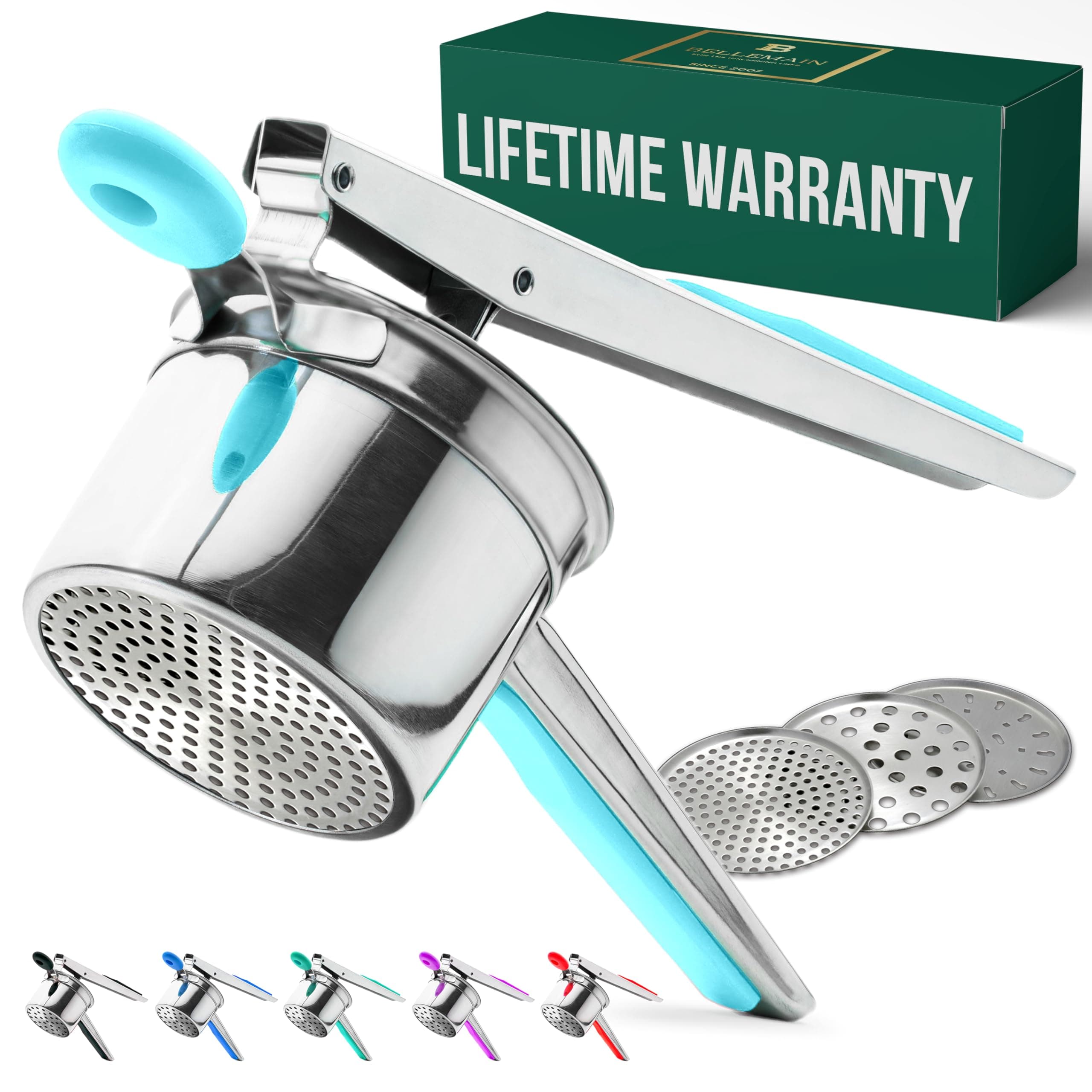 Bellemain Potato Ricer 15 oz with 3 Interchangeable Discs Mash Potato Masher Stainless Steel, Sweet Potato Masher Kitchen Tool Spaetzle Maker Press, Khuon Banh Lot, Spaetzle Noodle(AQUA BLUE), Medium