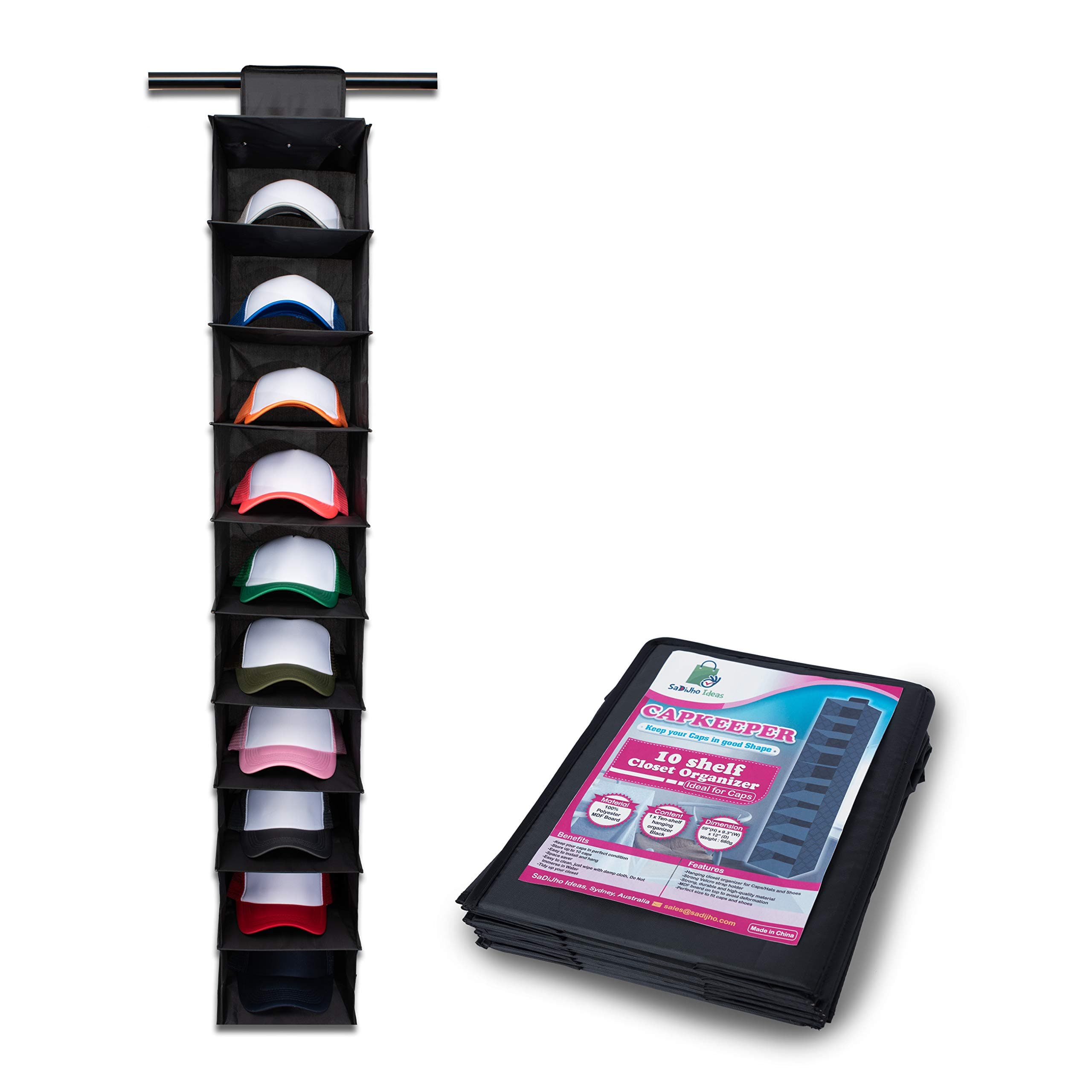 CAPKEEPER Hat Rack - 10 Shelf Hanging Closet Hat Organizer for Hat Storage - Cap Rack - Best Hat Holder & Baseball Cap Rack - 100% Polyester