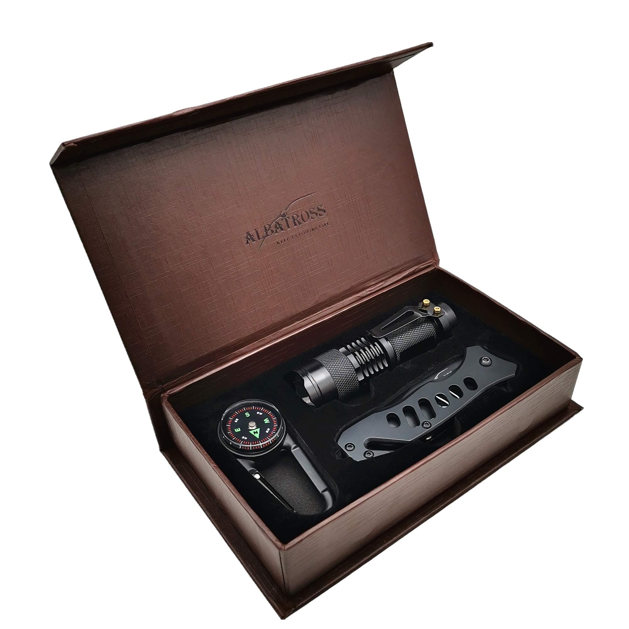 ALBATROSS Wild Survival Tools 3-in-1 Set Multi-Function Tool Combination with Tactical Folding Knife, Adventure Compass, Flashlight