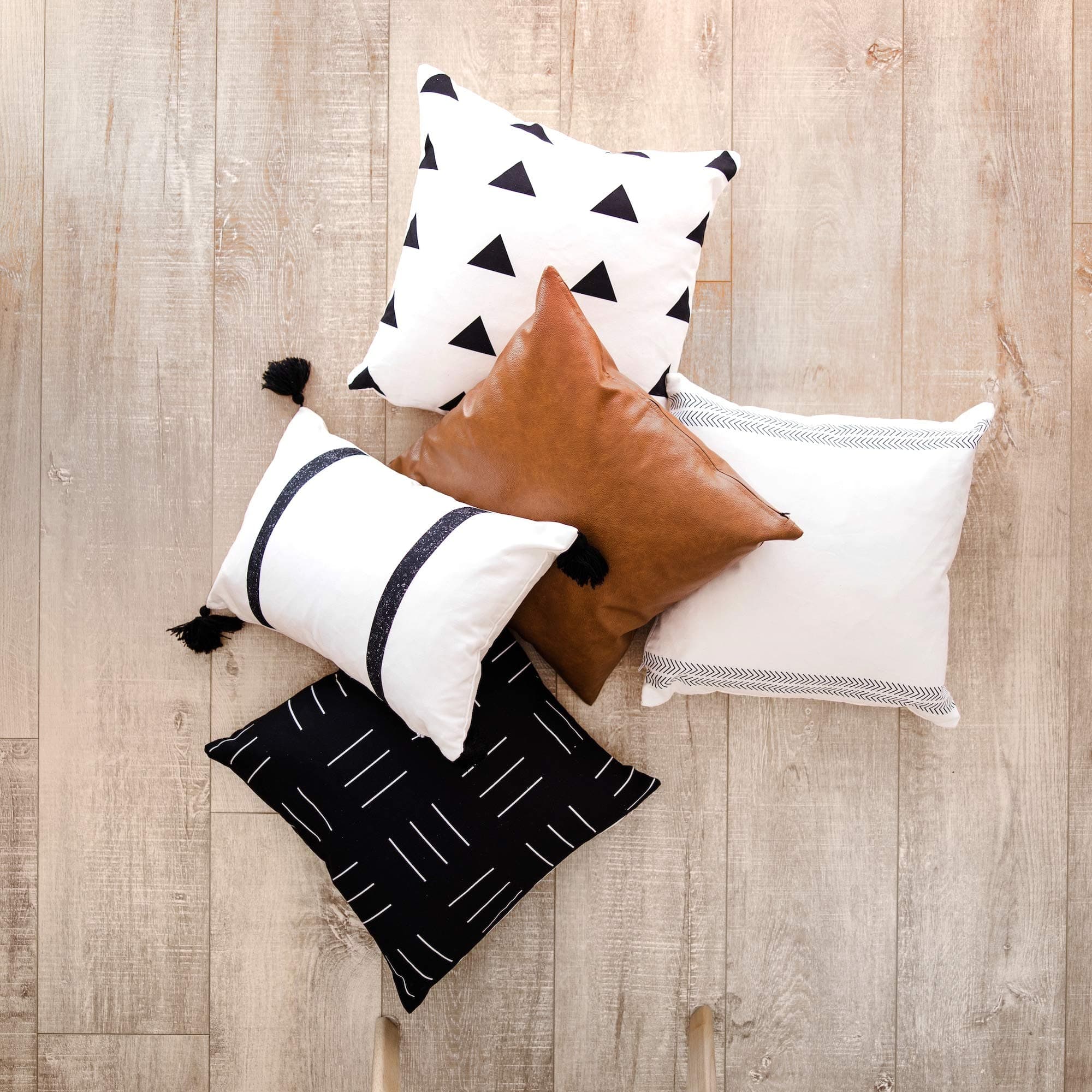 Two Queens Lane Boho Decorative Throw Pillow Covers ONLY for Couch, Sofa, or Bed, Boho, Geometric, Modern Decor Design, 100% Cotton and Vegan Faux Leather Set of 5, 18 x 18 inch, Brooklyn 5-Piece Set