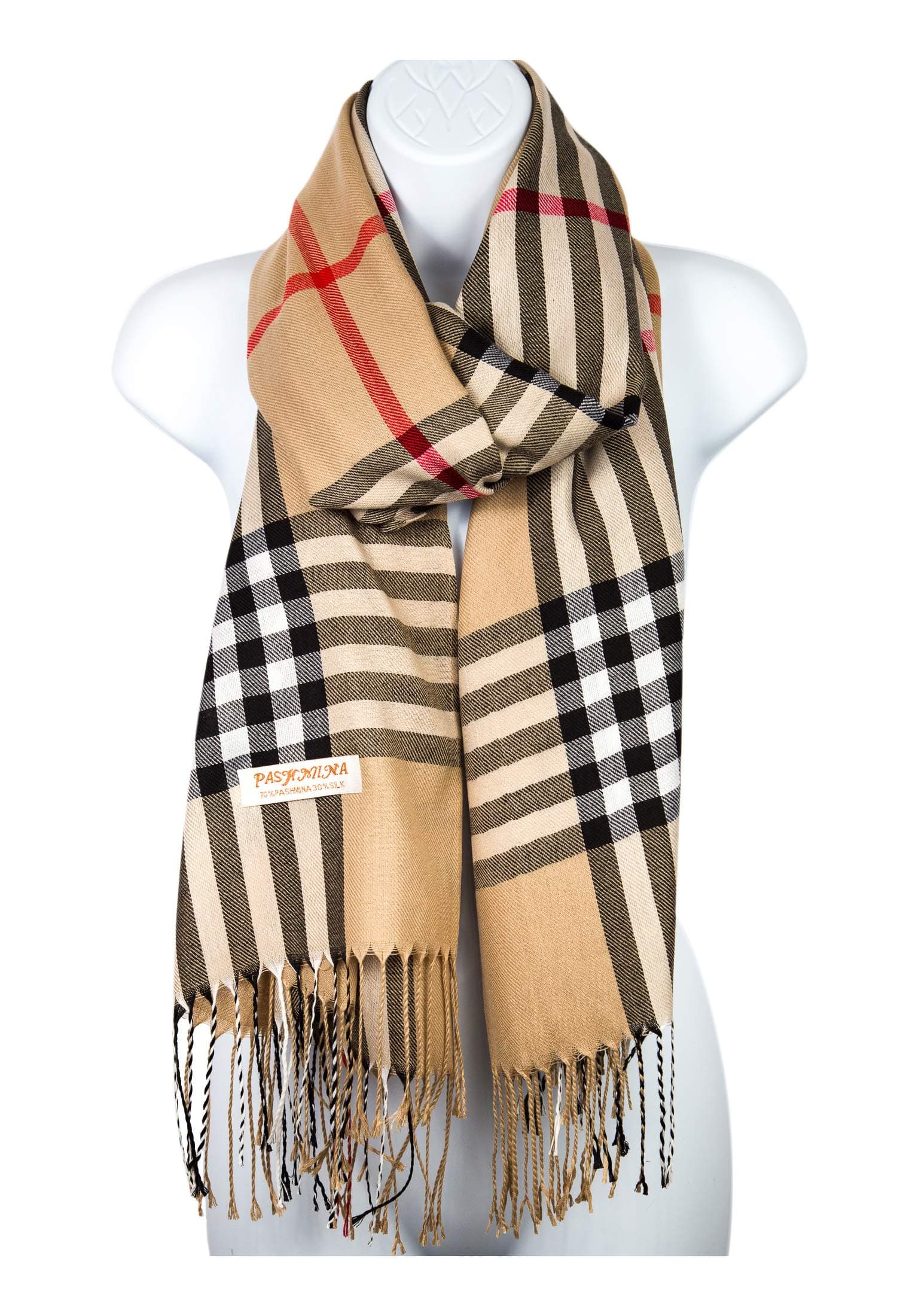 Pashmina Silk Scarf Plaid Checker Pattern Long Soft Shawl Wrap Cape (Khaki)
