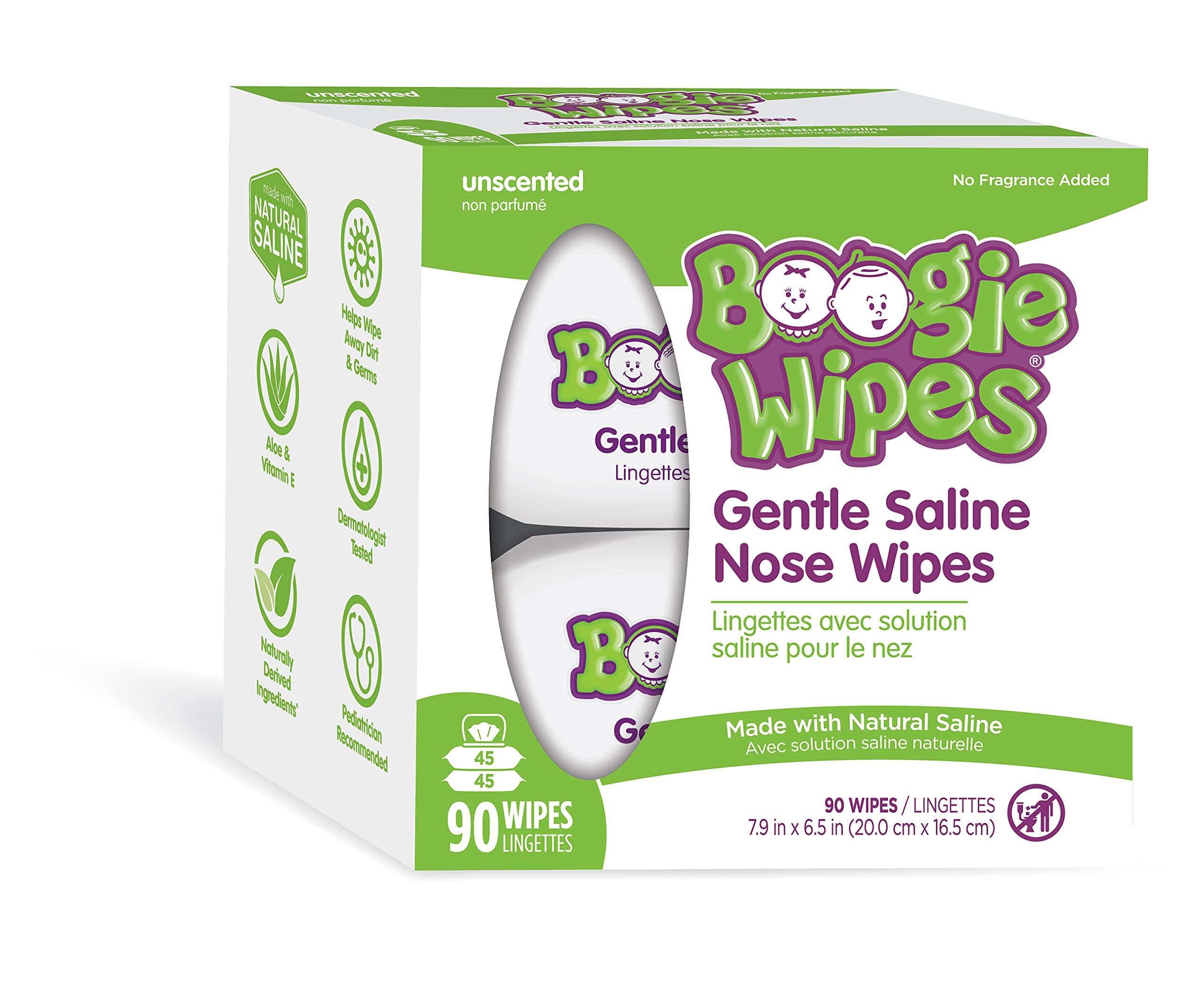 Wipes Soft Natural Saline Wet Tissues for Baby and Kids Sensitive Nose, Hand, and Face with Moisturizing Aloe, Chamomile, and Vitamin E, Unscented, 45 Count (Pack of 2)