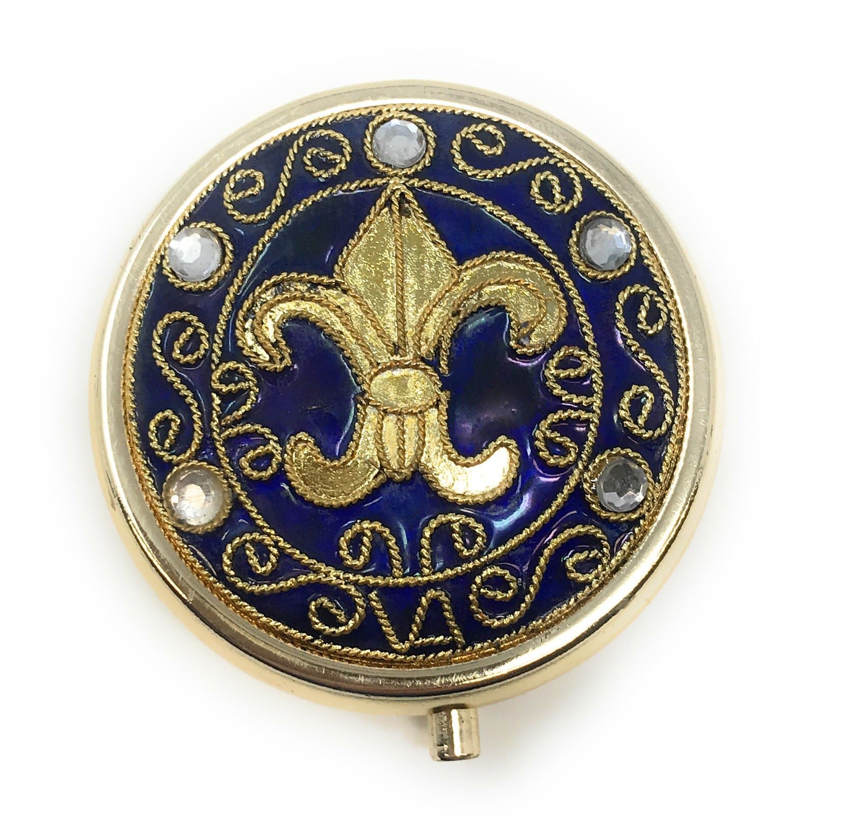Cloisonne Fleur de Lis Pill Box, 3 Compartments, Blue and Gold, 1.75 Inch Diameter