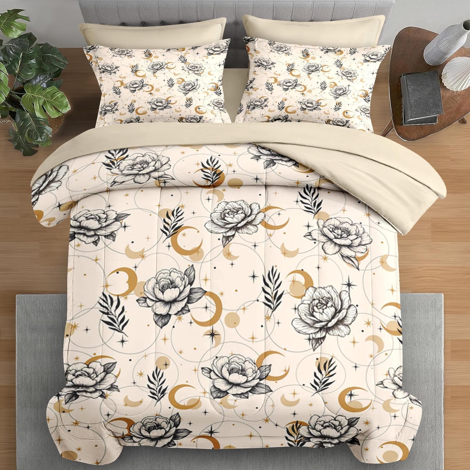 Comforter Set King Size, Flower Boho Astrology 7 Pcs Bedding for Kids and Adults, Tarot Bohemian Floral Bed Sheet Sets with Fitted Sheet 2 Pillowcases & 2 Shams for Bedroom Bed Decor