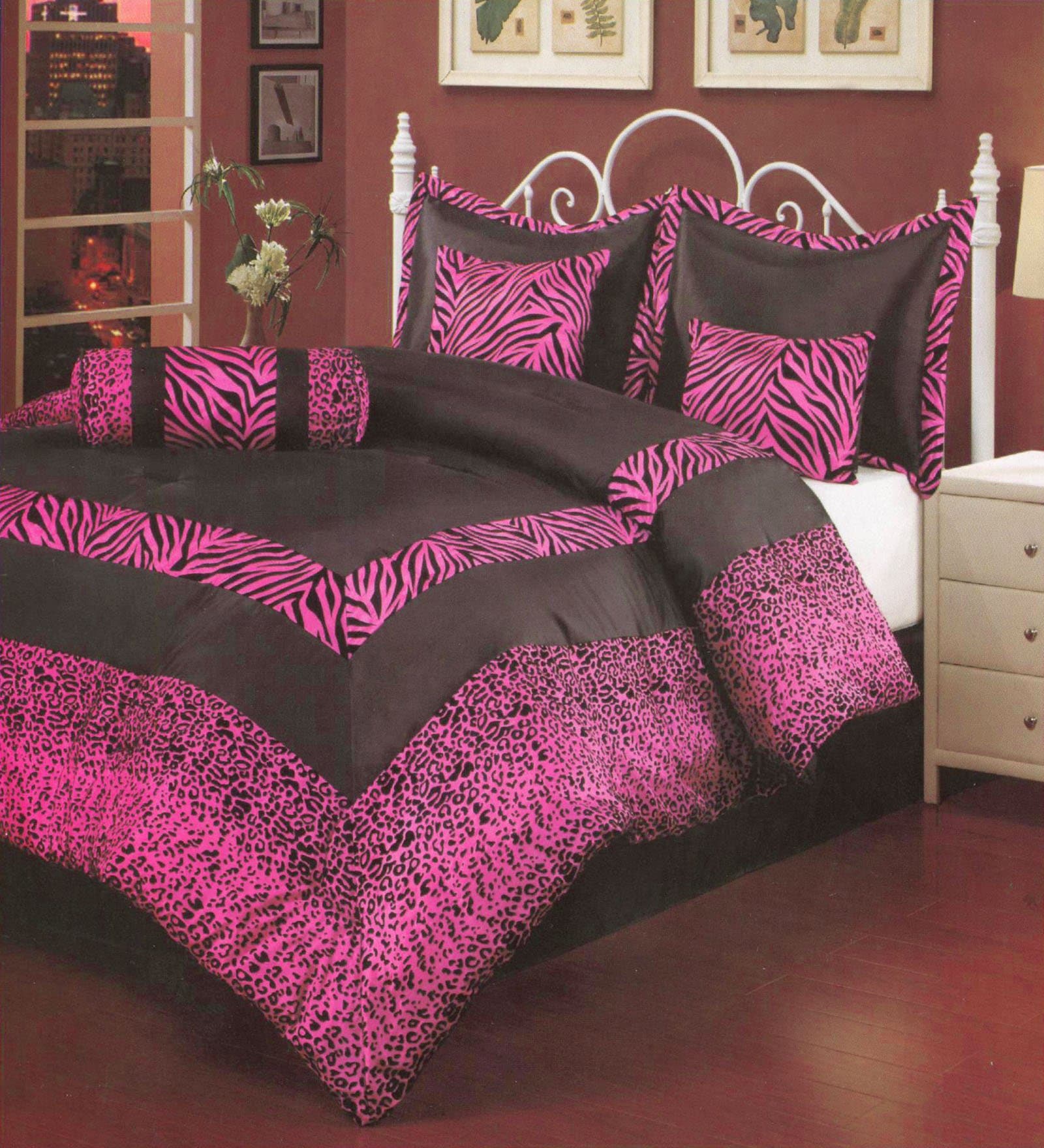 7 Piece Queen Size Satin Zebra Leopard Comforter Set Hot Pink Black Bed-In-A-Bag
