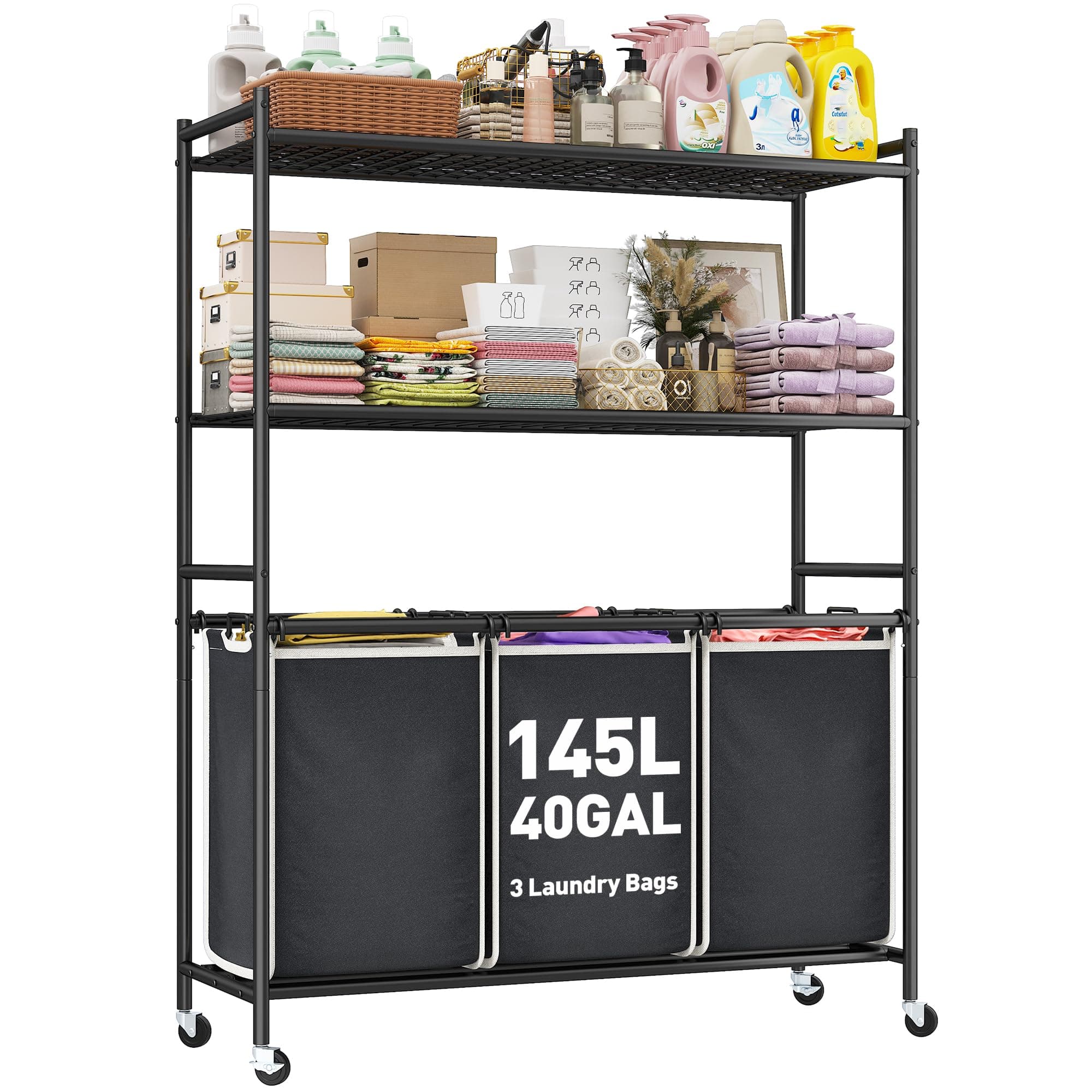 Raybee Laundry Sorter 3 Section Rolling Hamper Cart with Shelf 225L Large Basket Organizer Compartment Hampers for Room Organization and Storage Lockable Wheels, Black, W19R