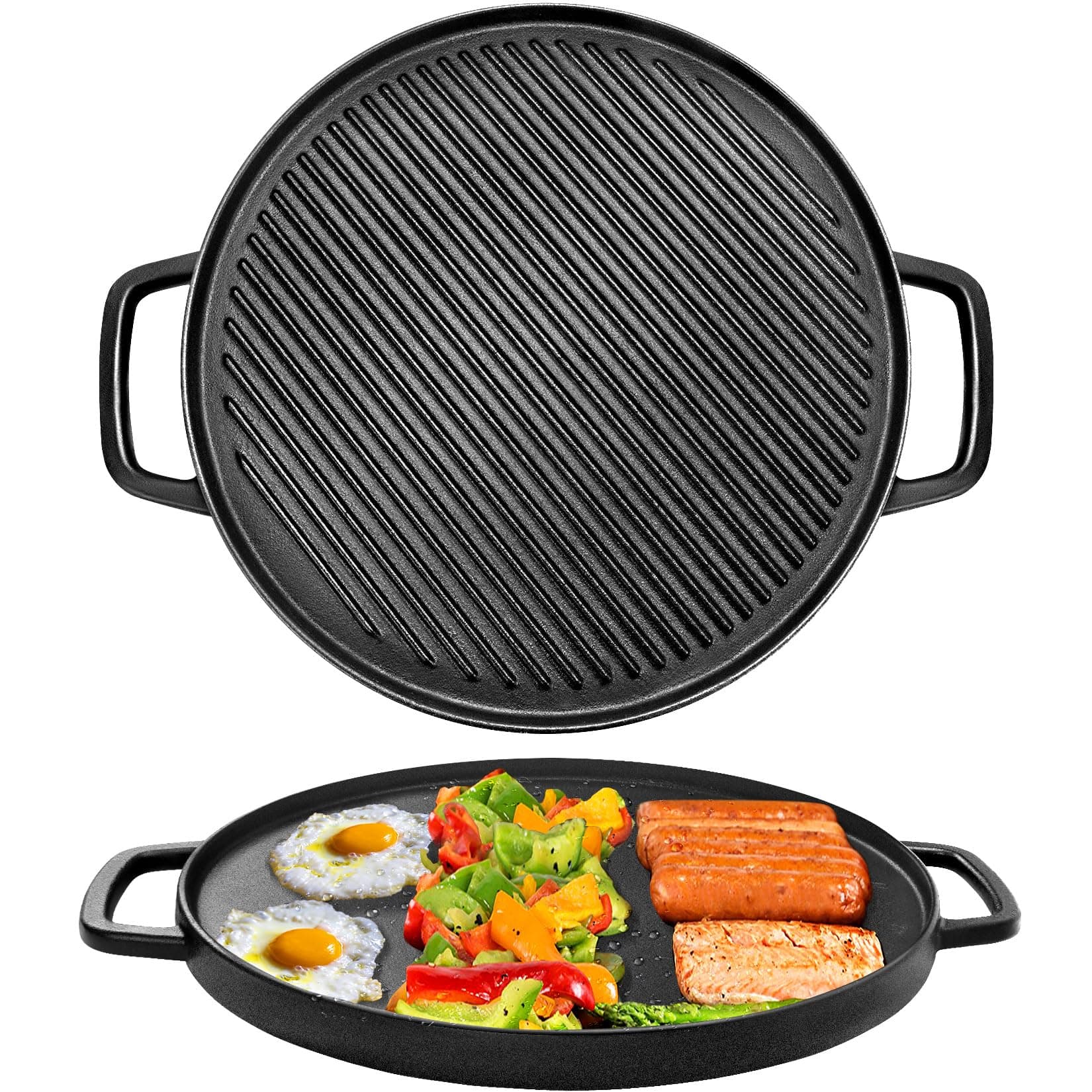 Reversible Cast Iron Griddle, Double-sided Griddle Pan for Stove Tops, Gas Grills and Outdoor Cooking, 14 inch Grill Griddle with Baking Flat and Ribbed