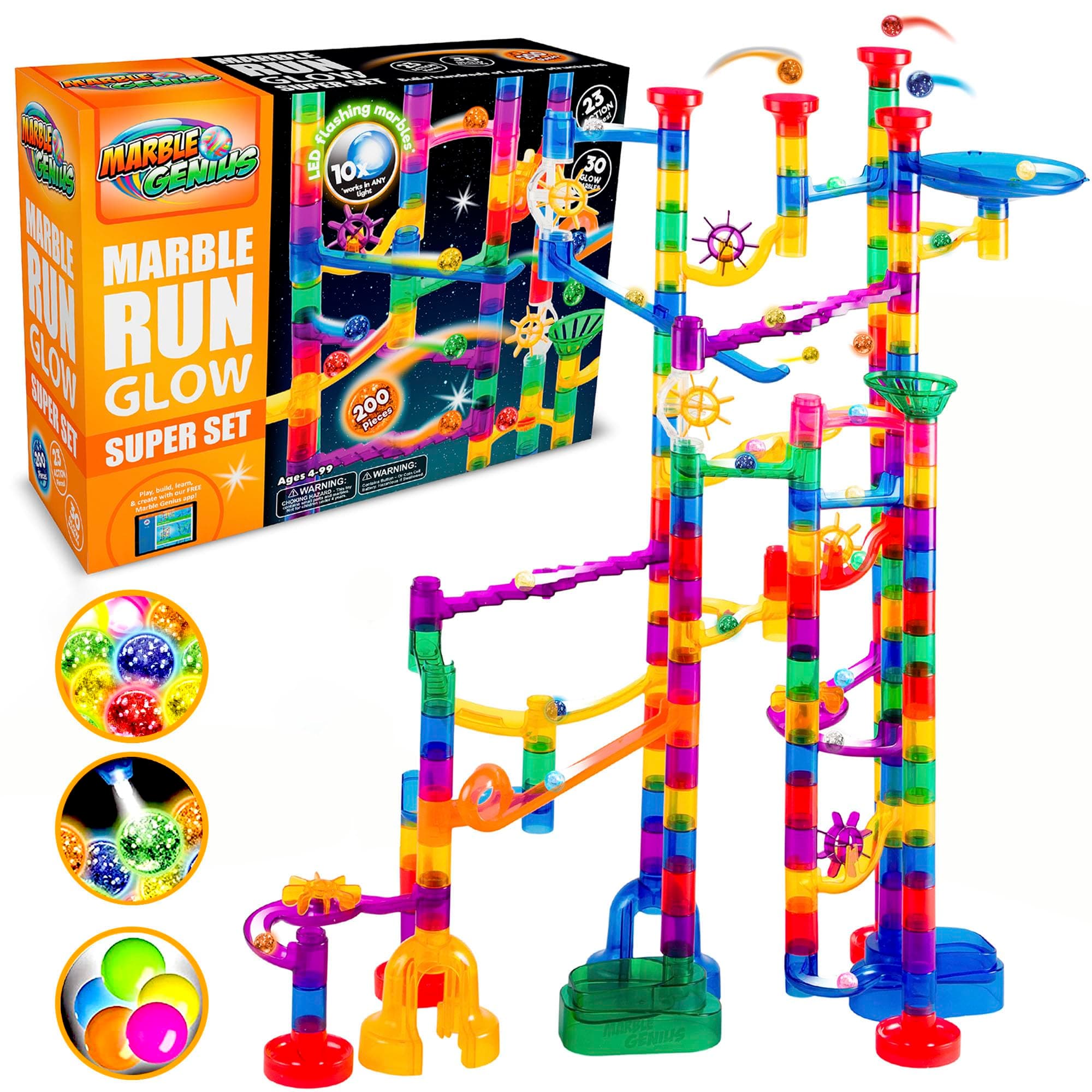 Marble Run Track - 200-Piece, Multicolor, Space Theme - Glow-in-The-Dark Marble Set & STEM Building Toy & Race Track for Ages 4+