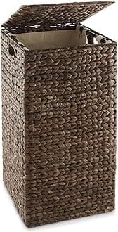 Laundry Hamper with Lid and Removable Liner Bag - Espresso Dark Brown, Woven Water Hyacinth Square Laundry Basket Sorter for Clothes, Towels