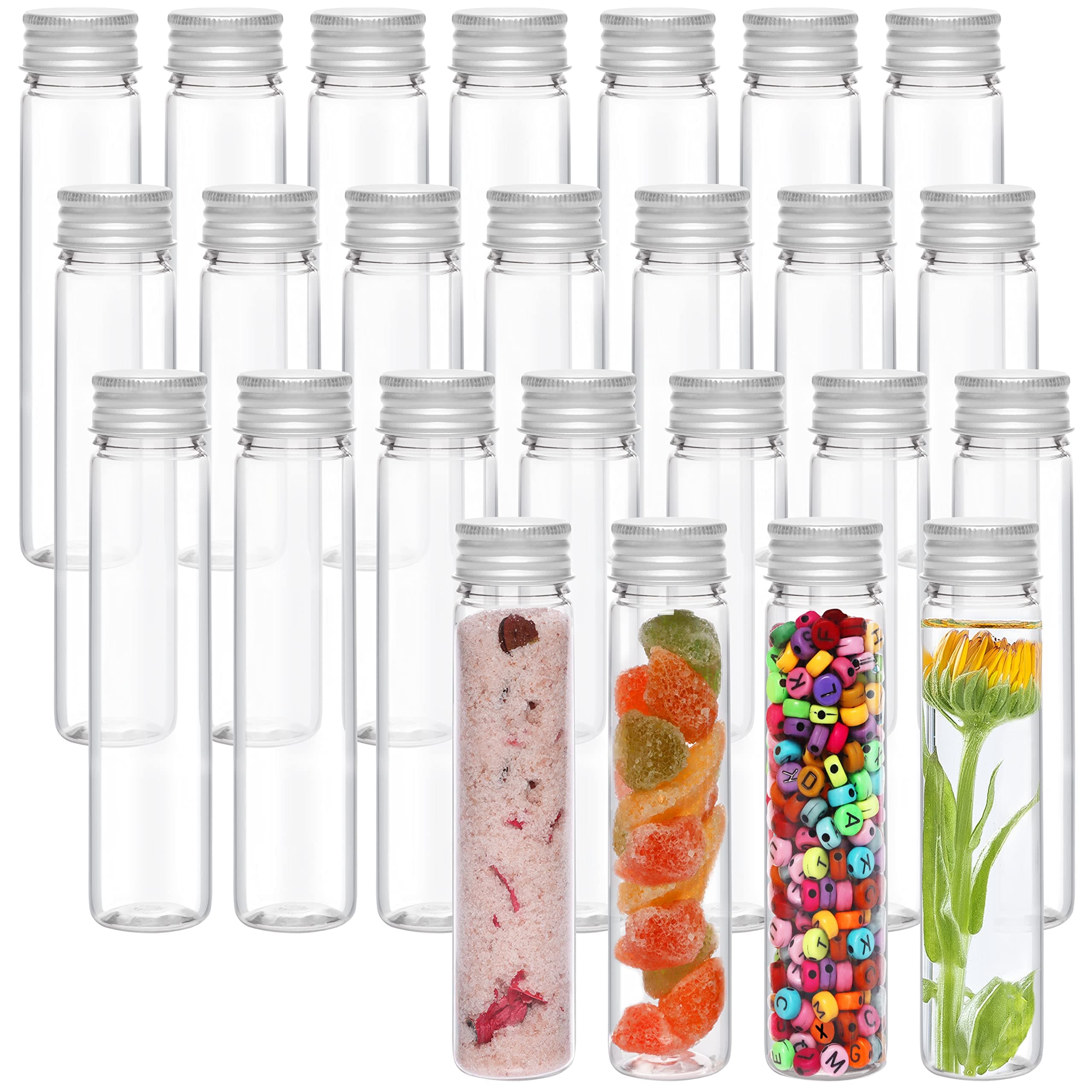 Kurtzy 25 Pack Clear Plastic Test Tubes with Screw Caps & Cleaning Brush - 75ml - Reusable Transparent Container Tubes for Candy Storage, Scientific Party, Liquids, Bath Salts, Beads & Flowers