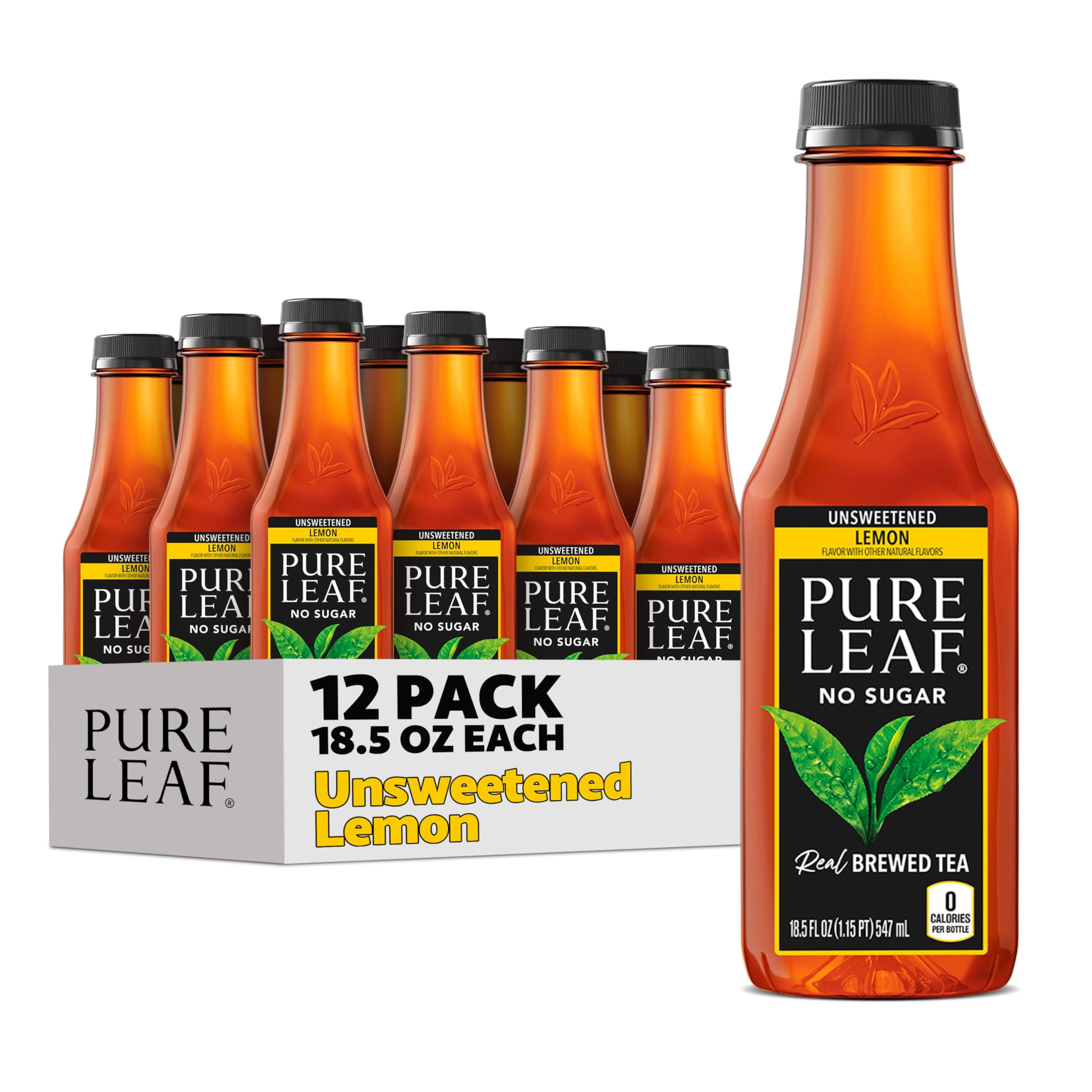 Iced Tea, Unsweetened Lemon, Real Brewed Tea, Zero Sugar & Zero Calories, 18.5 Fl Oz Bottles (Pack of 12)