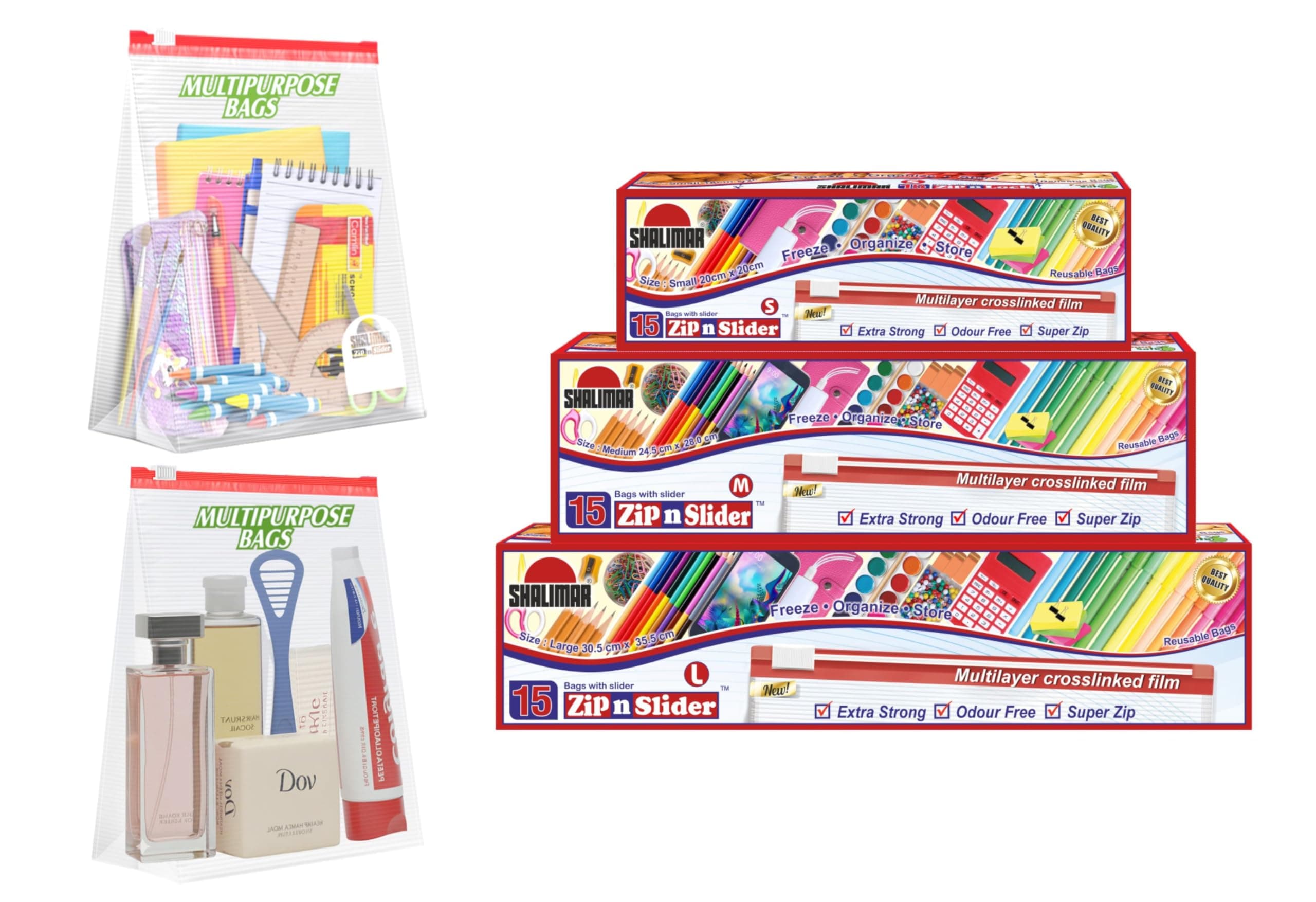 - Zip 'N' Slider Bags | Combo Pack (Small + Medium + Large) | Pack of 45 Bags | Ziplock/Vegetable/Fruit/Fridge/Multi-Purpose Storage Bag | Reusable & Reclosable with Slider Lock | Color–Natural