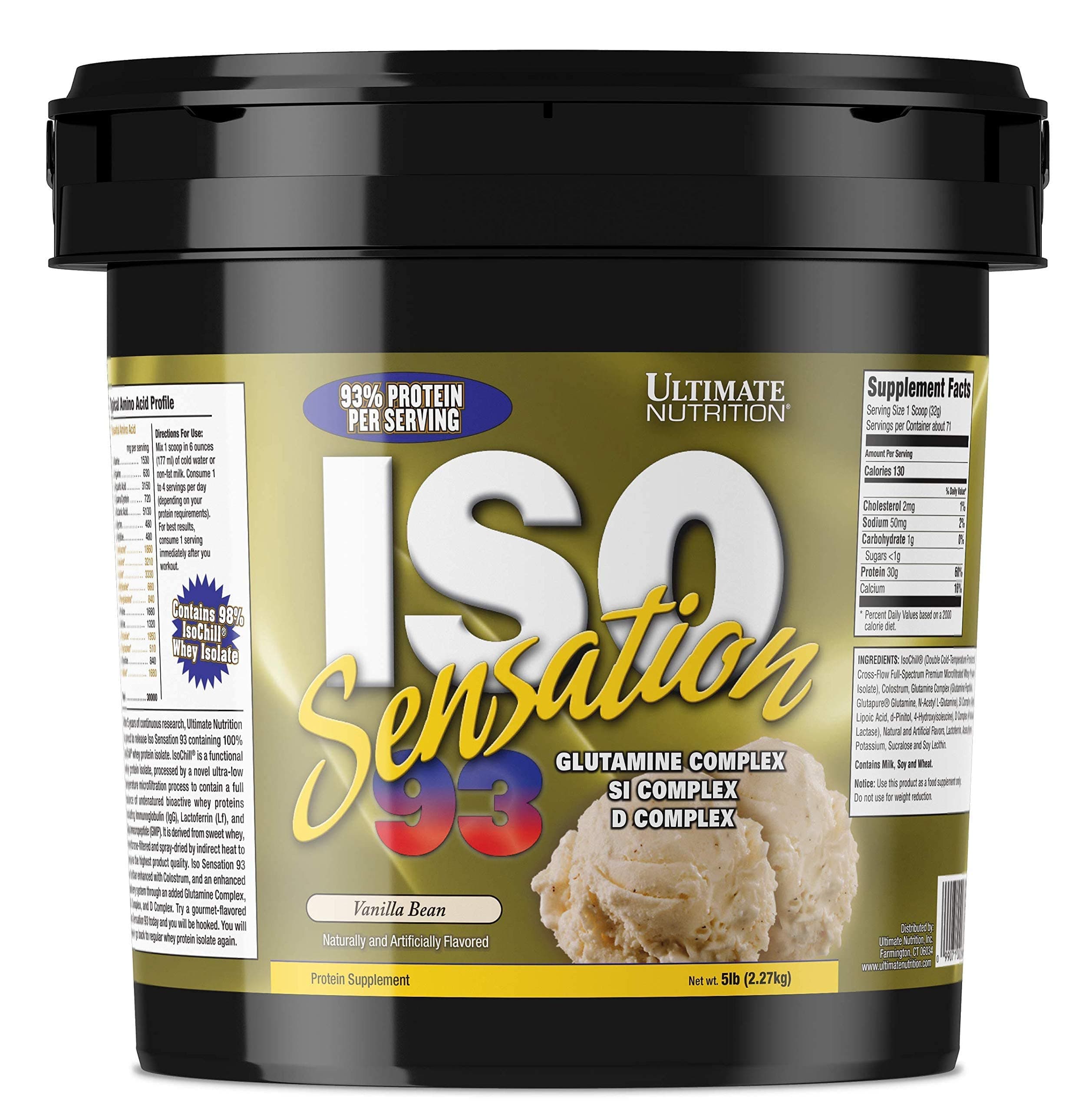 Ultimate Nutrition Iso Sensation 93 with Glutamine, Whey Protein Isolate Powder, 30 Grams of Protein, Low Carb Protein Shakes, Keto Friendly, 5 Pounds, Vanilla Bean Flavoured