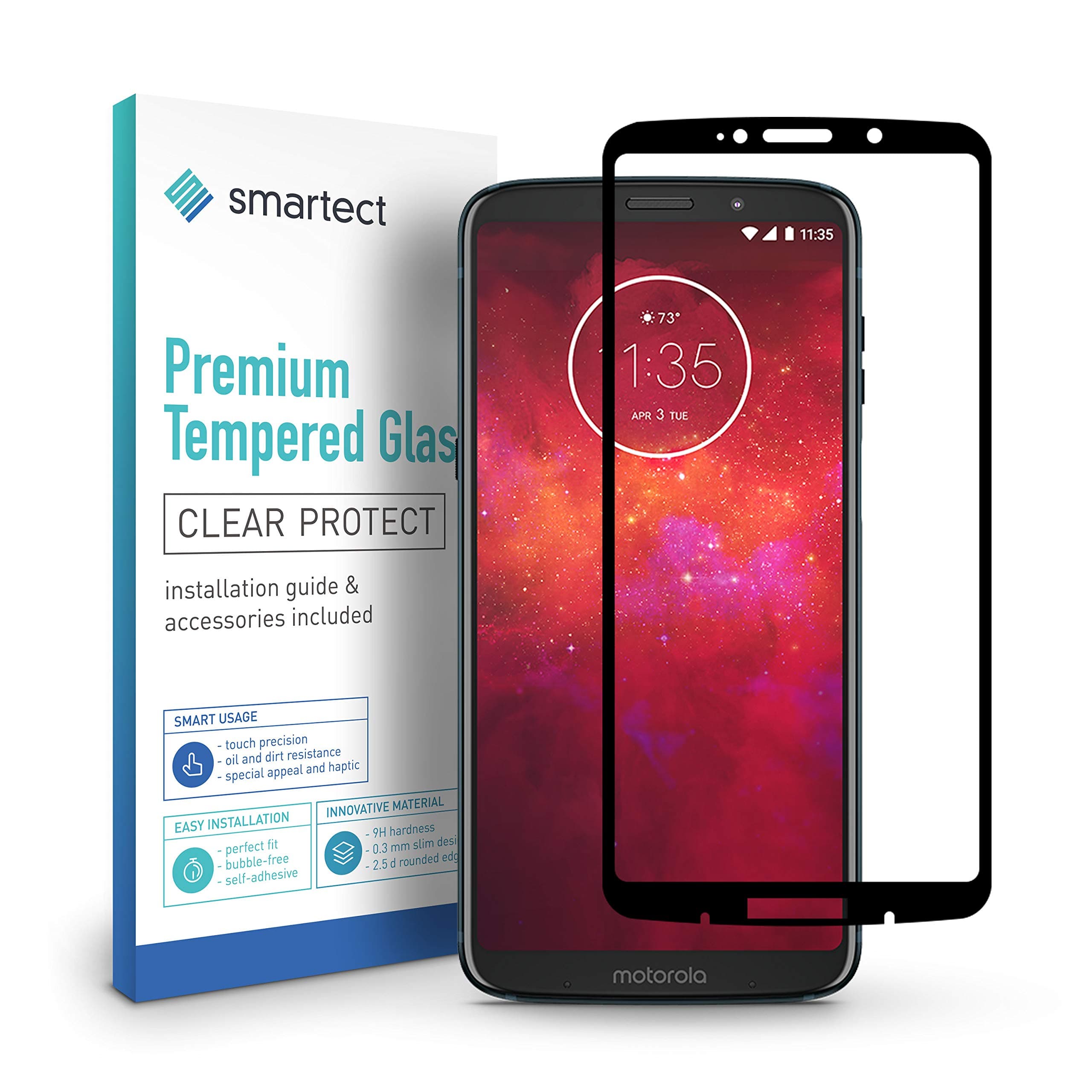 smartect Full Screen Protector for Motorola Moto Z3 Play [FULL SCREEN] - 9H Tempered Glass - Full Coverage Design - Bubble-Free Installation - Anti-Fingerprint