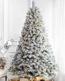10FT Pre-lit Snow Flocked Christmas Tree Spruce with Remote Control, 1000 Warm White Multi-Color Lights, Artificial Hinged/Feel Real/Realistic for Home, Holiday Decoration Dual Color LED