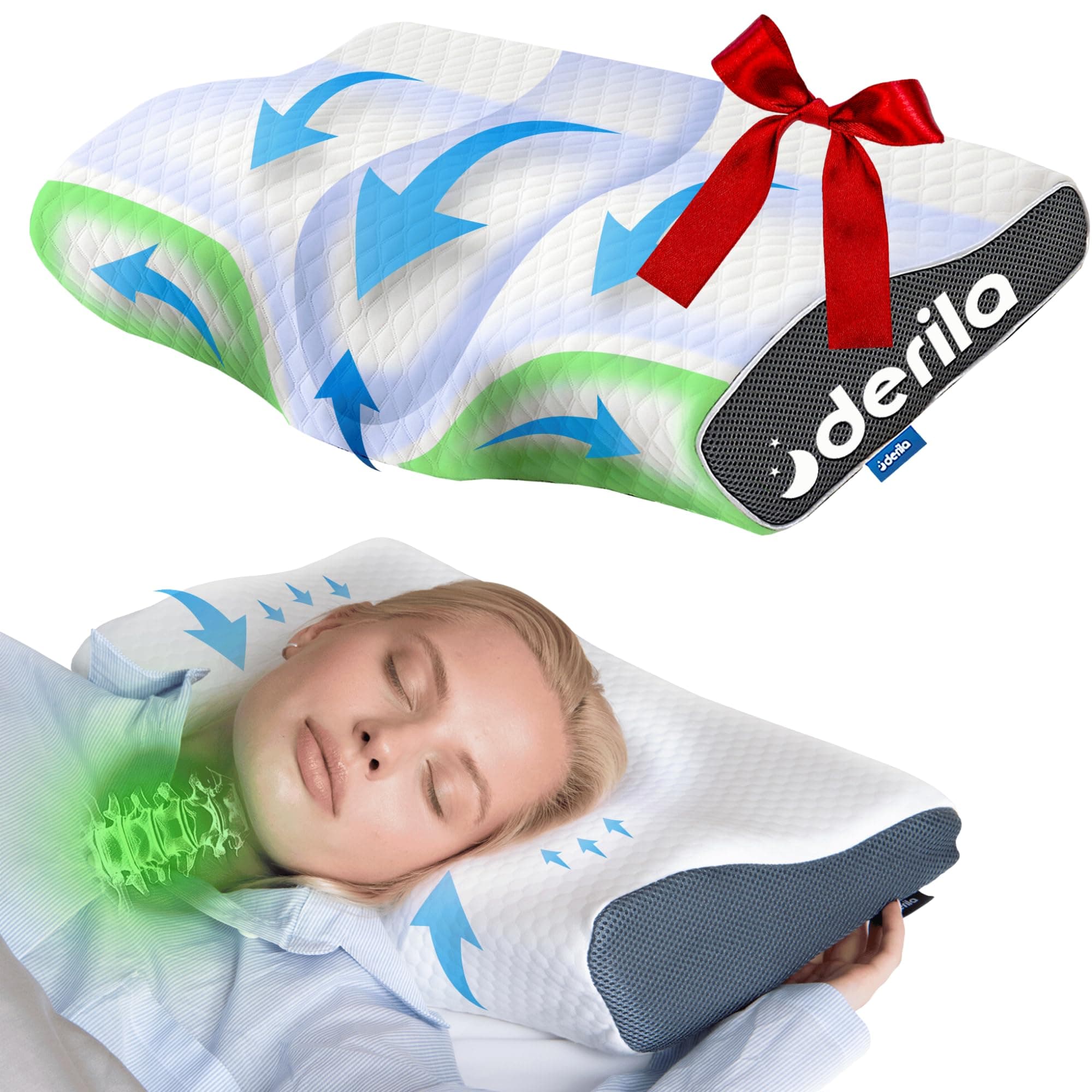 Derila Cervical Neck Pillow for Sleeping - Support Pillow for Back, Stomach, Side Sleeper Contour Memory Foam Pillows for Shoulder Relief, for Women 19.7" x 11.8" x 3.9"