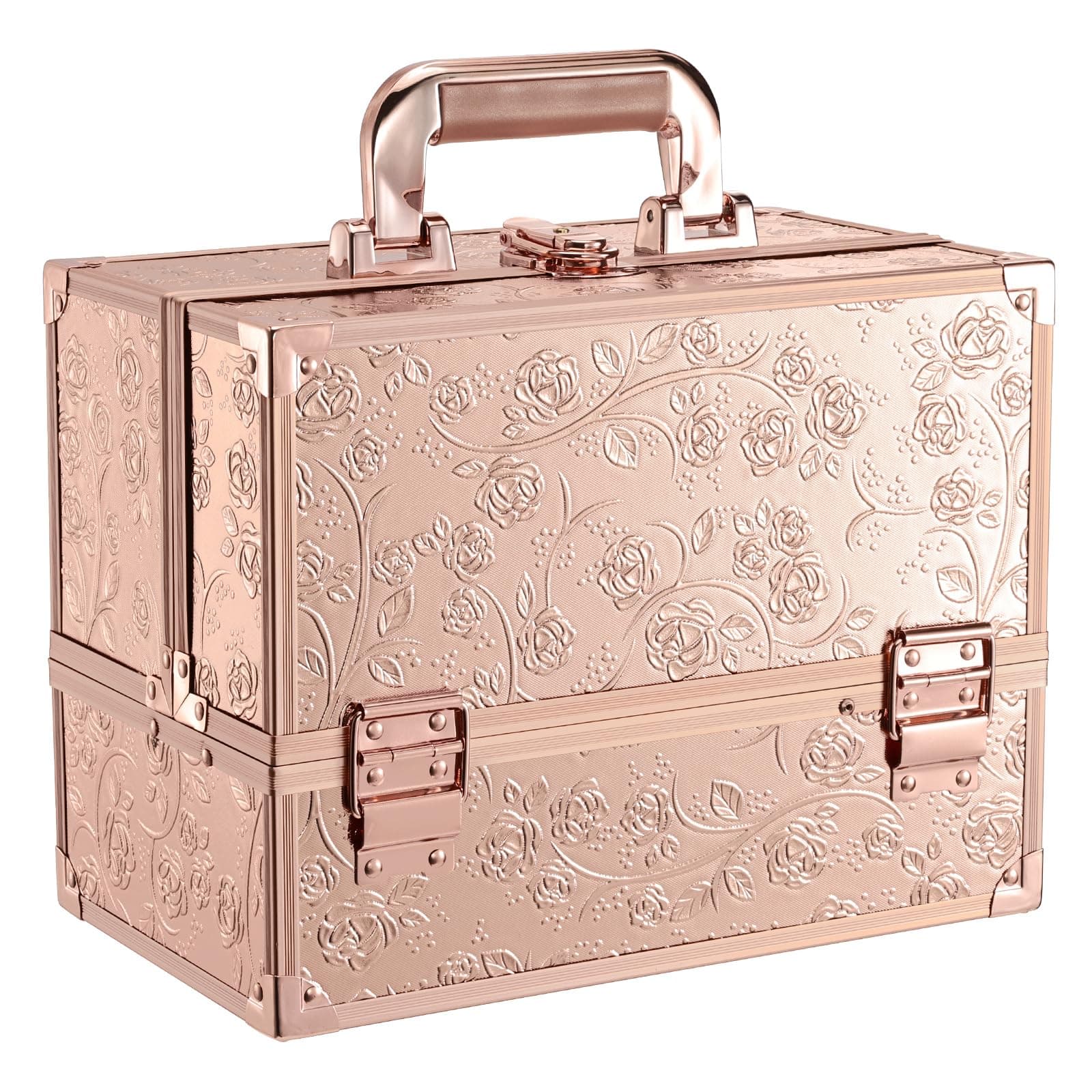 Makeup Case 11.8 Inch Makeup Organizer Case Large Cosmetic Box with Mirror Portable 3 Trays Travel Storage Box for Make Up Nail Tech Kits Cosmetology Case 3D Rose Gold Floral