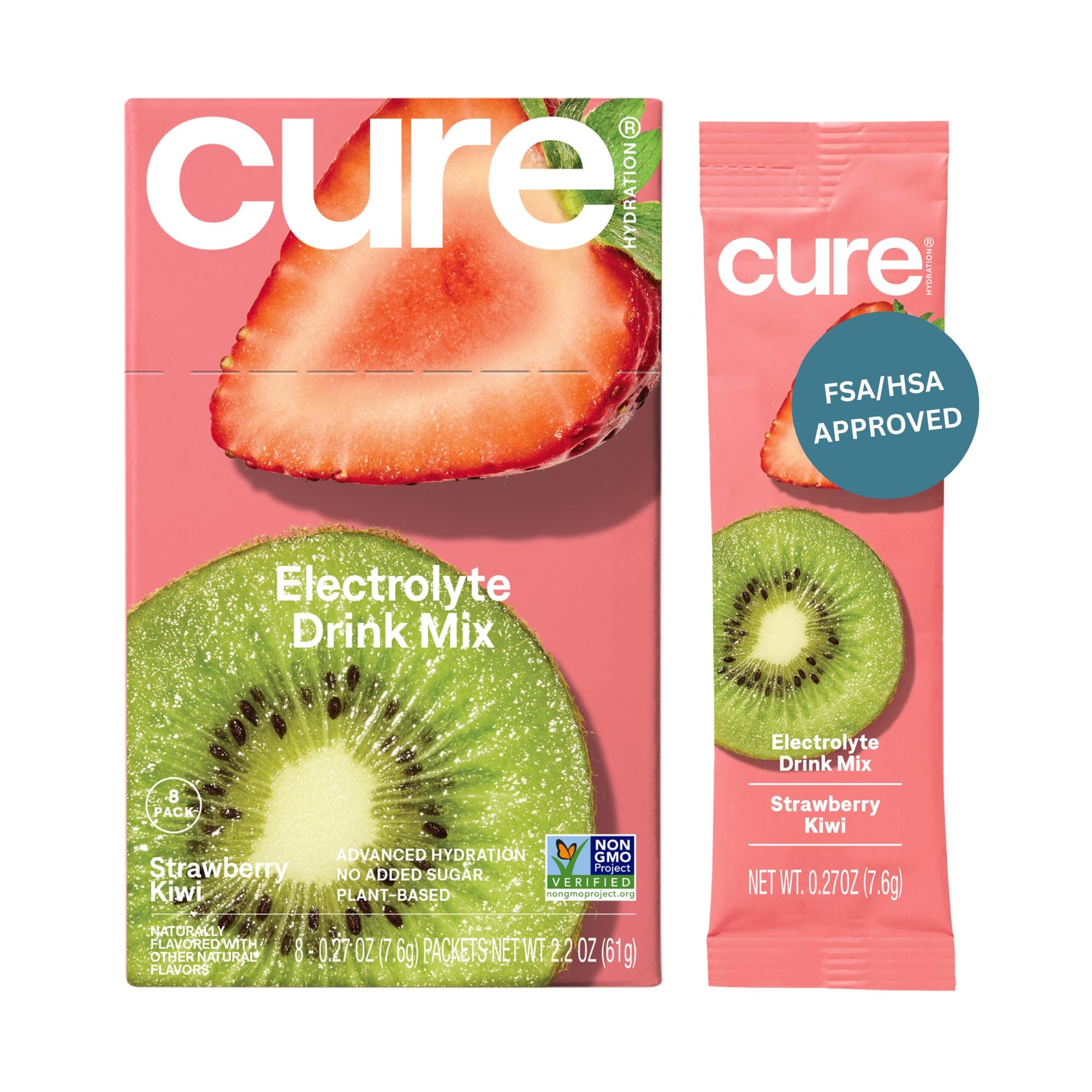 Cure Hydration Plant-Based Electrolyte Drink Mix | No Added Sugar | Dehydration Relief | Coconut Water Powder | FSA-HSA Eligible | Non-GMO, Vegan | 8 Packets – Strawberry Kiwi