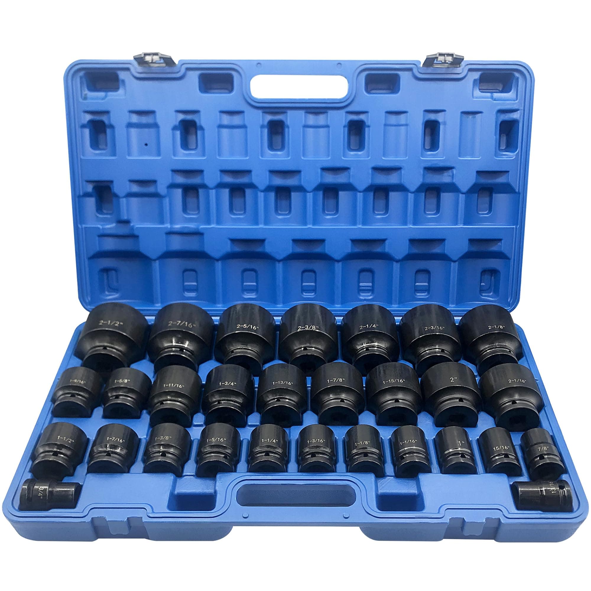 - 29 Pieces 3/4" Drive Impact Socket Set, Standard, SAE 3/4" to 2-1/2", CR-V Alloy Steel, 6-Point Hex Radius Corner Design