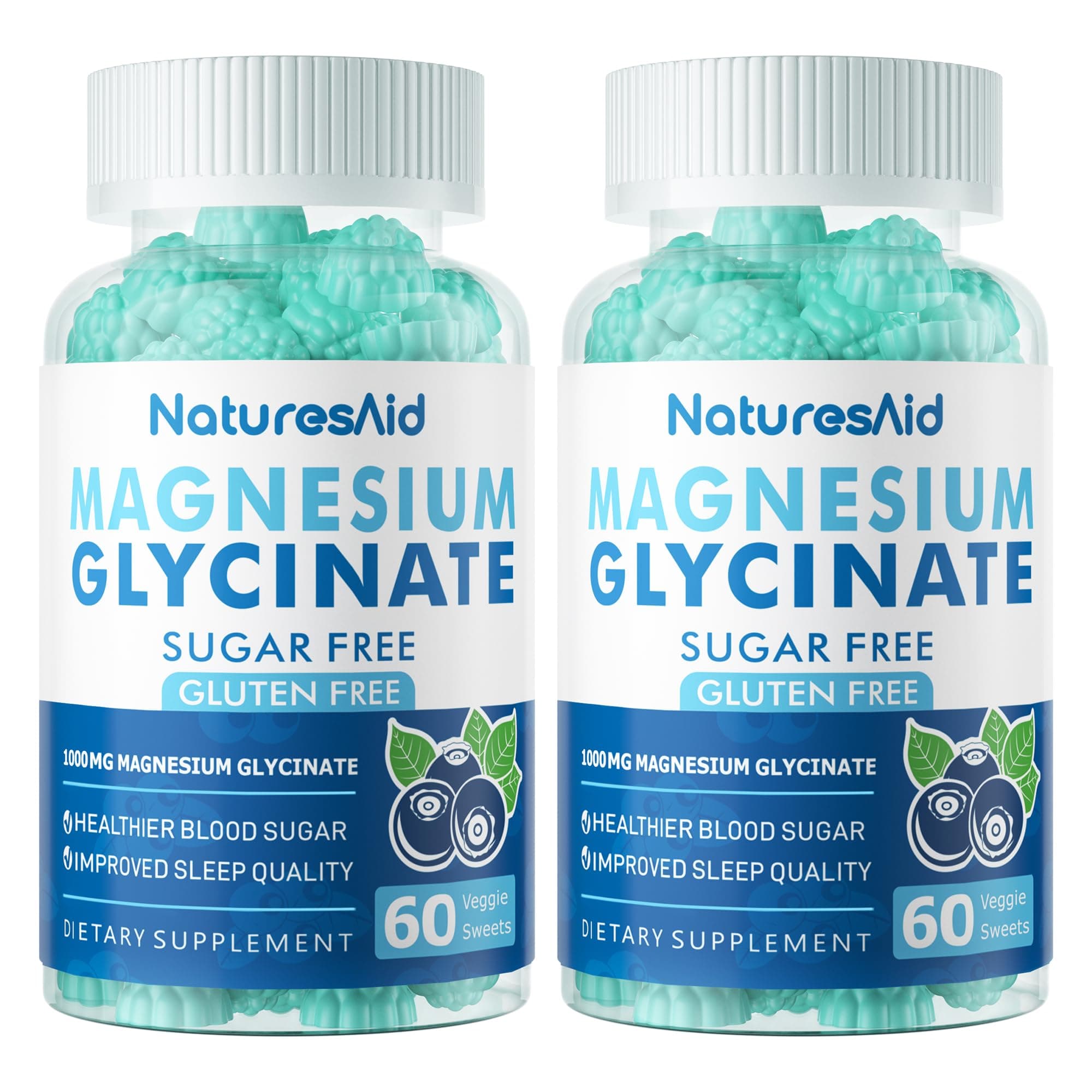 Magnesium Glycinate Gummies 1000mg - Sugar Free Magnesium Potassium Supplement with Vitamin D, B6, CoQ10 for Calm Mood & Sleep Support - 120 Blueberry Gummies -2 Pack