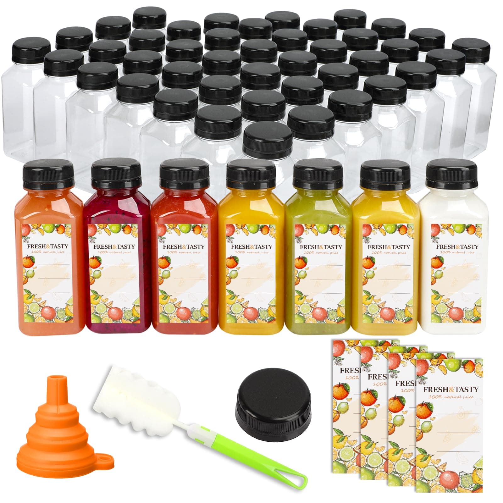 TOMNK 100pcs 8oz Empty Plastic Juice Bottles with Caps, Reusable Clear Bulk Beverage Containers with Label, Funnel and Brush for Juicing, Milk, Smoothie, Drinking, Beverages