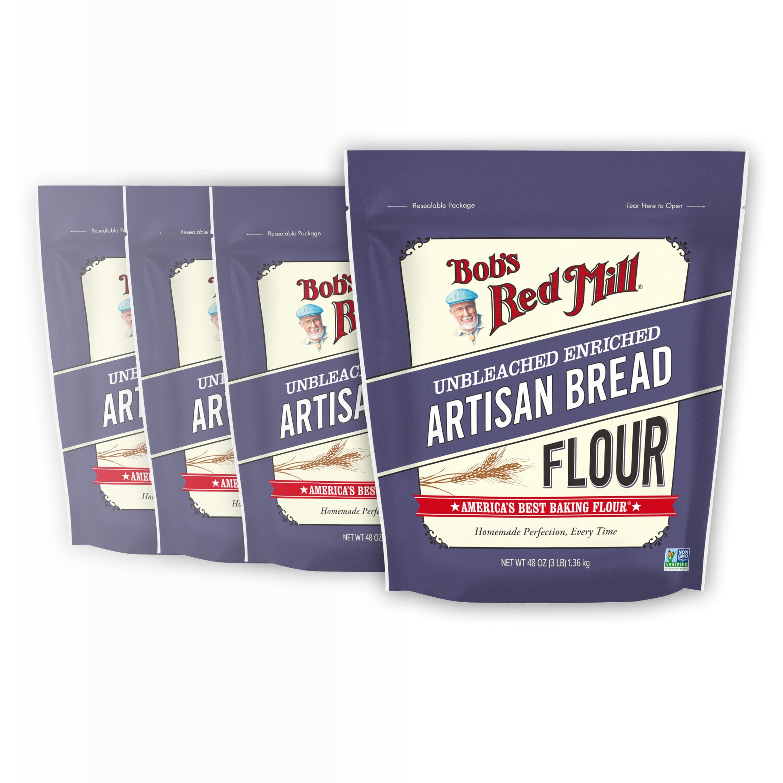 Bob's Red Mill Artisan Bread Flour, 3 Pound (Pack of 4) - Unbleached, Unbromated, Non-GMO, Vegan